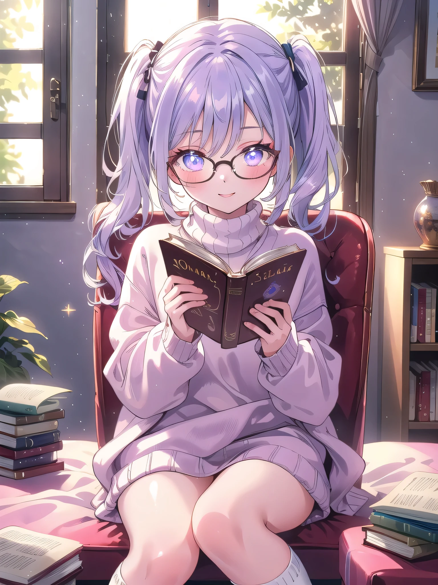 ((8k, Highest quality, masterpiece: 1.3)),Ultra-high resolution,(1 girl, alone), (Color changing eyes, Ultra-detailed, Expressive brilliance, Glitter, Glowing Eyes), Highly detailed eyes, Highly detailed face, Random Hair, ((pastel colour)),A joyful young woman with pastel lavender hair styled into twin ponytails, sitting on the floor of her sunlit bedroom during a bright morning. She is dressed in a simple yet subtly sexy bookworm cosplay, wearing an oversized sweater, knee-high socks, and a pair of glasses perched on her nose. The camera captures her from a slightly elevated angle as she smiles gently while reading a book, her expression full of warmth and curiosity. The room is filled with natural sunlight, with a cozy blanket draped over a chair, a stack of books beside her, and a calm, intellectual atmosphere, (nsfw:1.2)