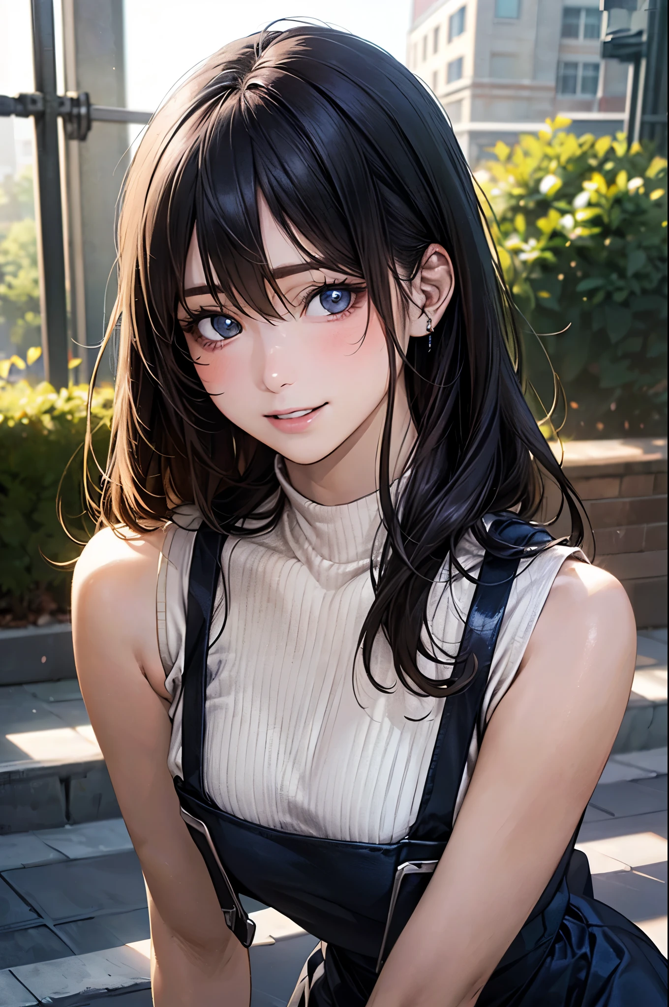 (masterpiece:1.2, top-quality), (realistic, photorealistic:1.4), beautiful illustration, (natural side lighting, movie lighting), depth of fields,
beautiful detailed hair, beautiful detailed face, beautiful detailed eyes, beautiful clavicle, beautiful body, beautiful chest, beautiful thigh, beautiful legs,
looking at viewer, (face focus, upper body), 1 girl, high school girl, (perfect anatomy, anatomically correct, super detailed skin), cute and symmetrical face, perfect face, perfect eyes,
(long hair:1.5, straight hair, black hair), hair between eyes, light blue eyes, slant eyes, big eyes, long eye lasher, (medium breasts, seductive thighs), perfect body, shiny skin, pink skin, babyface,
(detailed cloth texture, break (sleeveless beige high neck), break cobalt blue long skirt), break black suspenders,
(beautiful scenery), evening, (school yard:1.2), standing, (waving hand), (head tilt, lovely smile, upper eyes, parted lips),