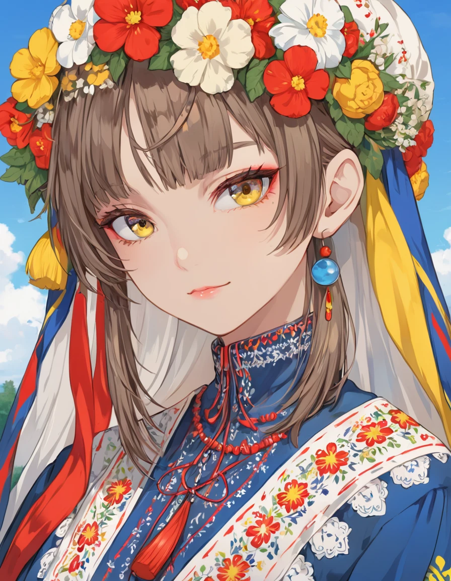 a woman with a flower crown on her head, ukrainian national clothes, ukrainian national costume, beautiful anime portrait, ukrainian girl, traditional romanian clothing, russian costume, ukrainian, traditional russia, russian clothes, traditional clothing, stunning anime face portrait, cute anime girl portrait, bohemian fashion, beautiful anime style, slavic style, traditional dress, portrait anime girl, cute anime girl portraits