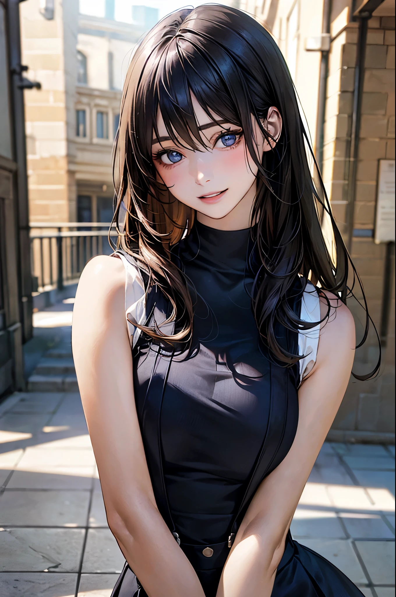 (masterpiece:1.2, top-quality), (realistic, photorealistic:1.4), beautiful illustration, (natural side lighting, movie lighting), depth of fields,
beautiful detailed hair, beautiful detailed face, beautiful detailed eyes, beautiful clavicle, beautiful body, beautiful chest, beautiful thigh, beautiful legs,
looking at viewer, (face focus, upper body), 1 girl, high school girl, (perfect anatomy, anatomically correct, super detailed skin), cute and symmetrical face, perfect face, perfect eyes,
(long hair:1.5, straight hair, black hair), hair between eyes, light blue eyes, slant eyes, big eyes, long eye lasher, (medium breasts, seductive thighs), perfect body, shiny skin, pink skin, babyface,
(detailed cloth texture, break (sleeveless beige high neck), break cobalt blue long skirt), break black suspenders,
(beautiful scenery), evening, (school yard:1.2), standing, (waving hand), (head tilt, lovely smile, upper eyes, parted lips),