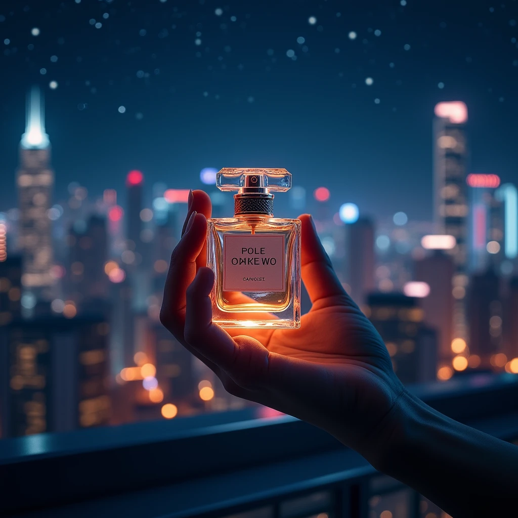Close-up of Hands, advertising photography, On the city roof at night, a hand model shows a bottle of perfume. The neon lights of the distant high-rise buildings complement the starry sky, creating a dreamlike scene. The model's hand gently holds the perfume bottle. The bottle reflects the lights of the city, as if capturing the most charming moment in the night. Beautiful cinematic lighting, RAW photo, color graded, dynamic movement, (captivating chiaroscuro:0.1), award-winning, cinematic still, emotional, vignette, dynamic, vivid, (masterpiece, best quality, photorealistic, Professional, perfect composition, very aesthetic, absurdres, ultra-detailed, intricate details:1.3)