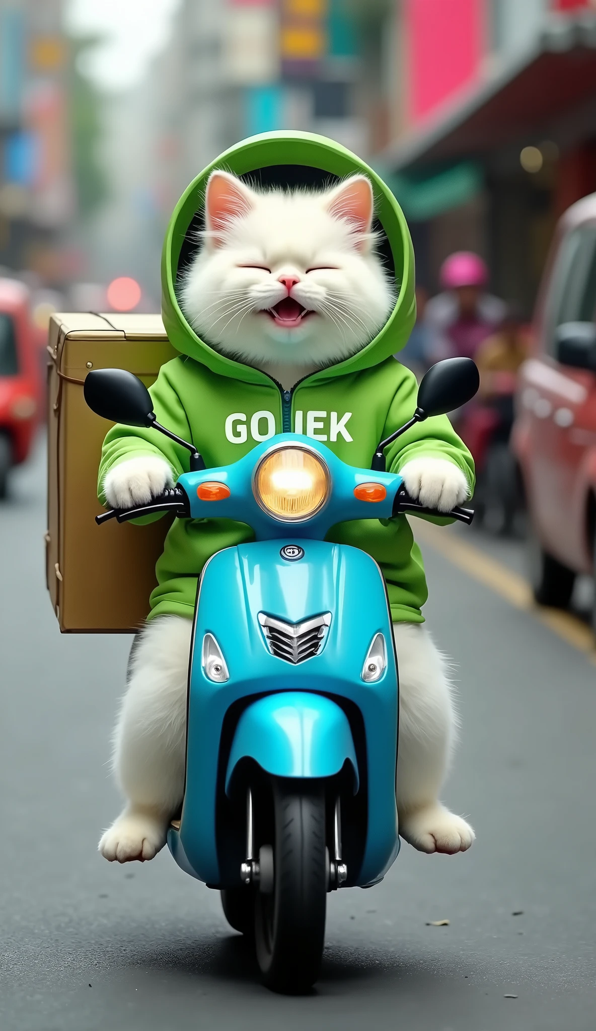 Create an image of a chubby, cute white cat riding a blue Honda Beat matic motorcycle on a busy road. The cat is wearing a green jacket with the word "GOJEK" white color printed on it, along with a helmet on its head both of ears are disappear behing helmet. It looks happy and content as it navigates through the traffic, with a delivery order strapped securely on the back of the motorcycle. The scene captures the lively atmosphere of a crowded street, with the cheerful cat embodying the spirit of a dedicated delivery driver in an urban setting.