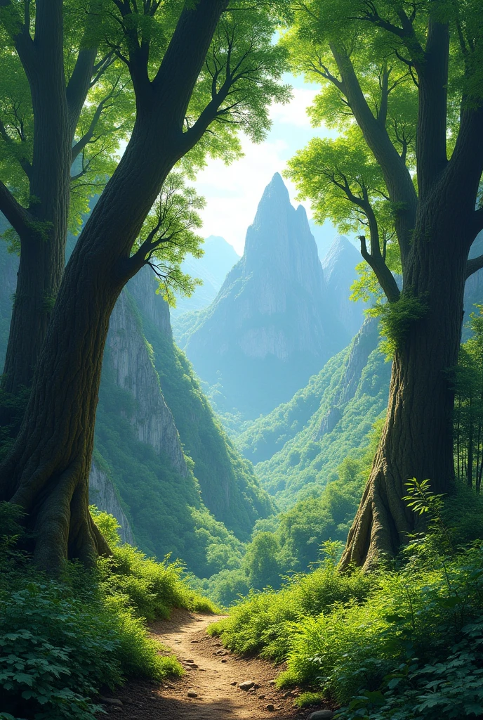 (photorealism:1.2), nature, green, large trees in the middle of the forest, with mountain and combination of dirt, color pallete is mint green