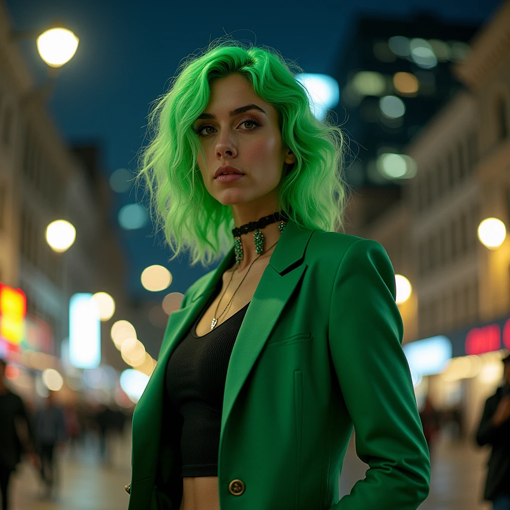 American Comic Hero Green Hair suit City night