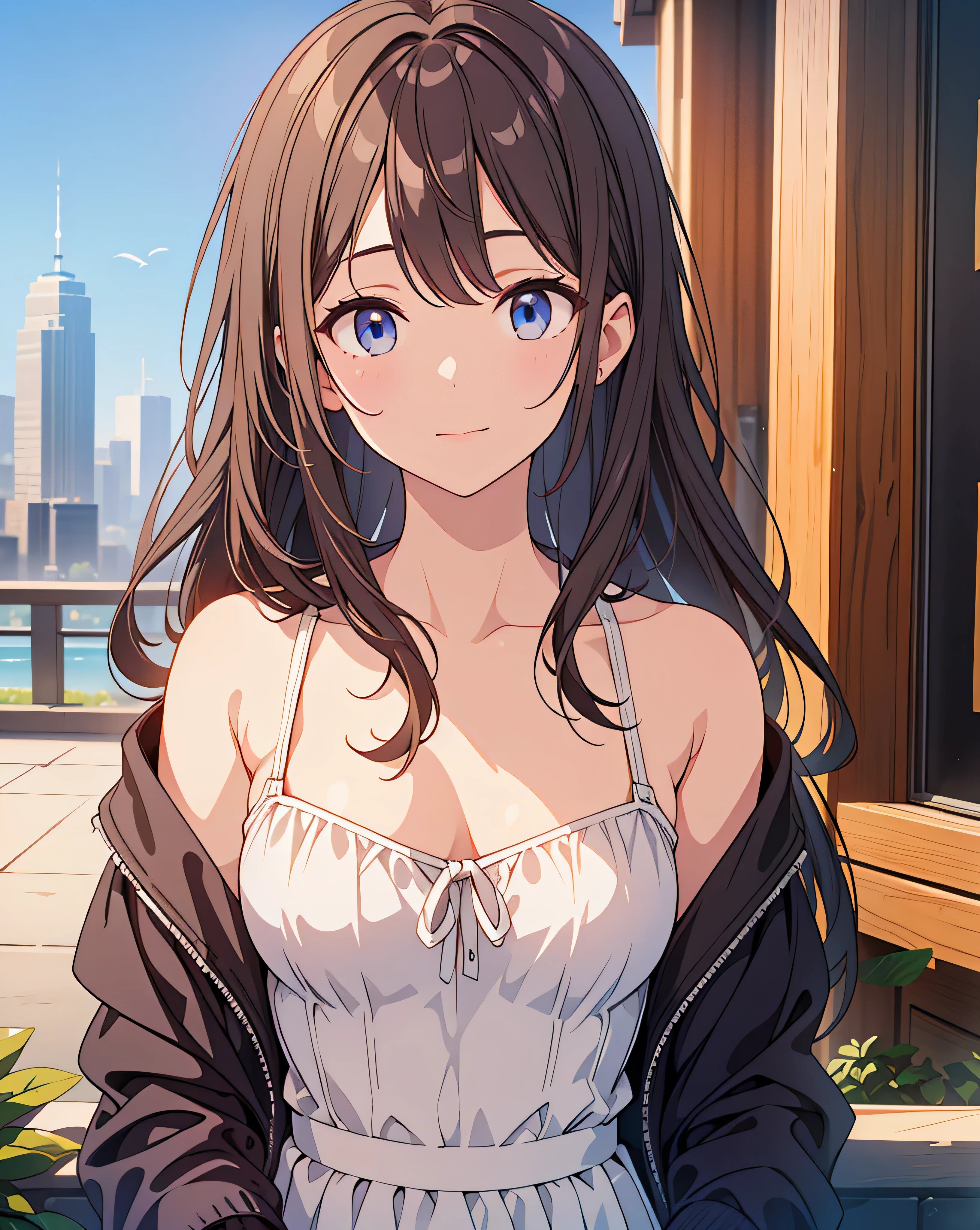 Highest quality, 32K, High resolution, masterpiece:1.5, one person's, Cute anime-style illustration, Rich emotional expression, An exceptionally beautiful face, Perfect Human Anatomy, Big light blue eyes, Motherhood and generosity, Deep Love, ((A kind smile:1.6)), ((Shiny turquoise hair:1.2)), Ponytail swaying in the wind, Asymmetrical bangs, Hair between the eyes, Transparent, soft white skin, Sharp eyebrows, Thin lashes, Natural Makeup, Cheek highlighter, Detailed and cute lips, (Grey blazer with red tie:1.2), ((Grey pleated skirt:1.2)), Slim figure with ample breasts, Beautifully detailed skies, ((Vibrant petal effect:1.2)), mysterious