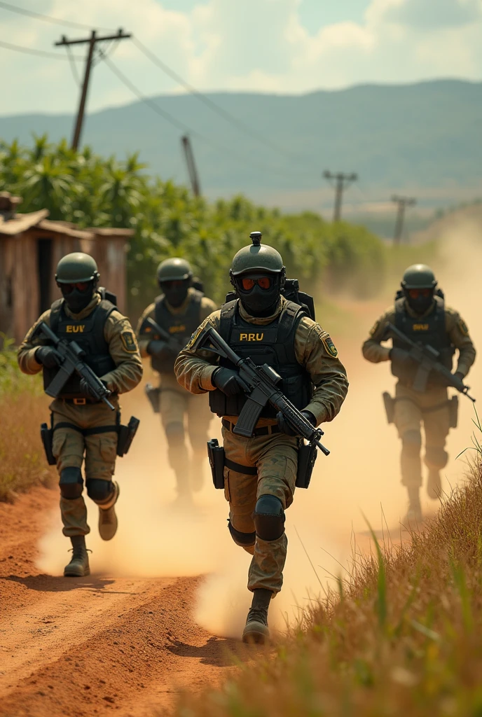 Generate an image of the military police chasing a vehicle that fled and seizing marijuana.