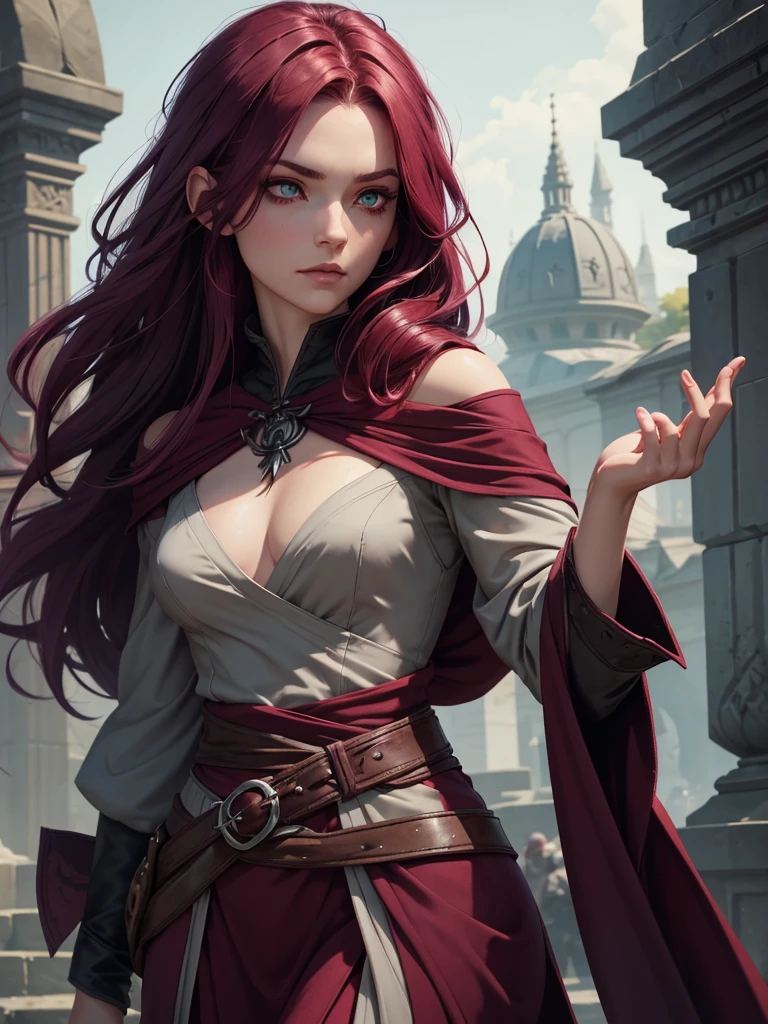 (best quality), 1girl, Female, grey skin, (burgundy red hair), swoopy hair, hair over shoulder, hair over one eye, green eyes, perfect eyes, necromancer robe, crow feather accessoires, fantasy universe, small bust, stoic, masterpiece, anatomically correct, highres