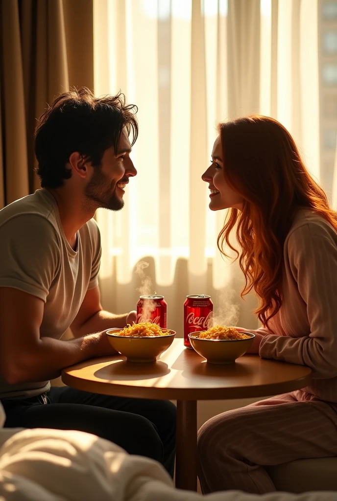 One man and one woman are eating instant noodles (Hao Hao brand) in a hotel room. There are two cans of Coca-Cola next to them.
