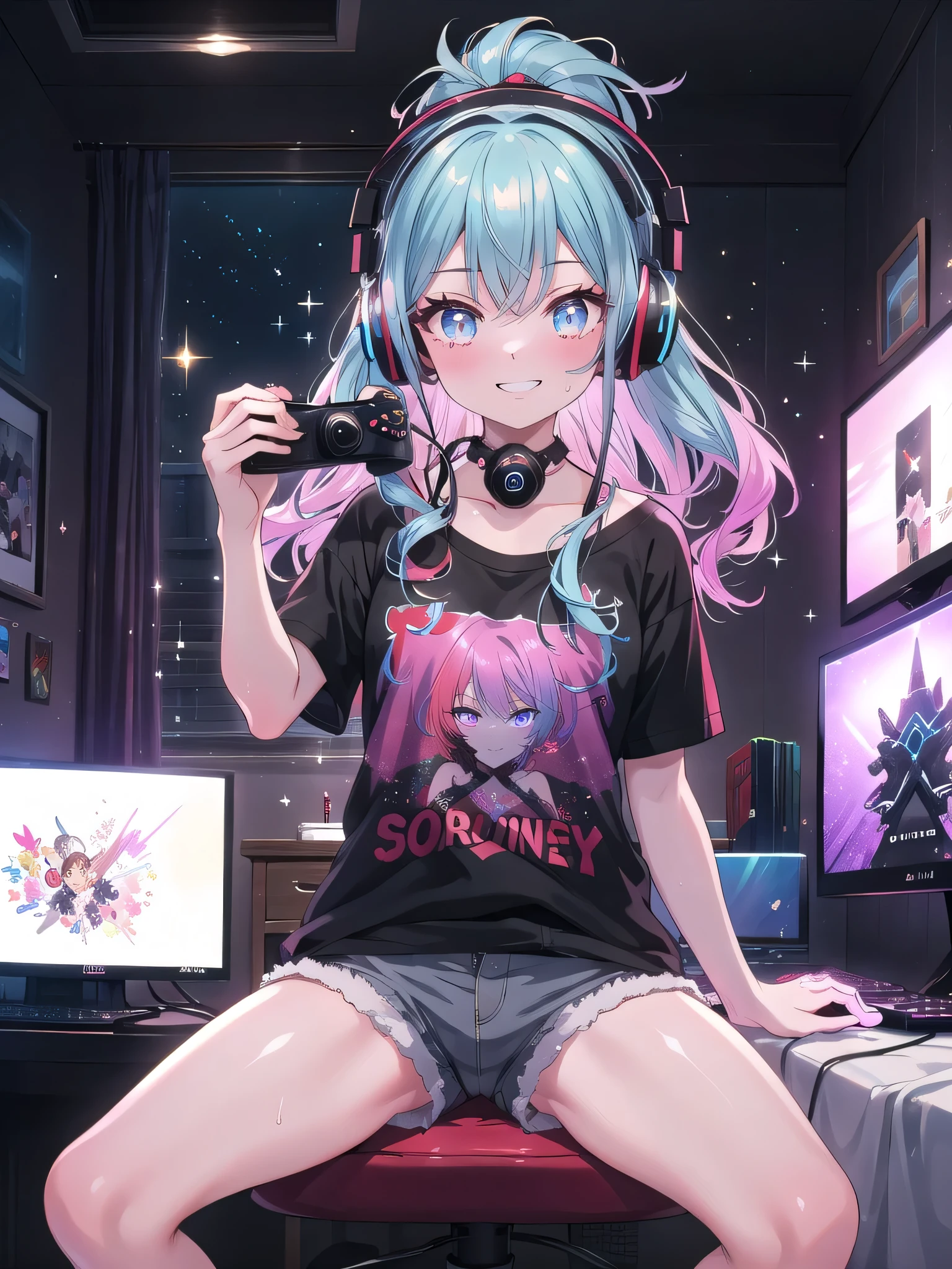((8k, Highest quality, masterpiece: 1.3)),Ultra-high resolution,(1 girl, alone), (Color changing eyes, Ultra-detailed, Expressive brilliance, Glitter, Glowing Eyes), Highly detailed eyes, Highly detailed face, Random Hair, ((pastel colour)),A playful young woman with pastel blue hair styled into loose curls, sitting on her bed in her softly lit bedroom during a late evening. She is dressed in a simple yet subtly sexy gamer cosplay, wearing a fitted T-shirt with a gaming logo, a pair of shorts, and headphones resting around her neck. The camera captures her from a slightly low angle as she grins while holding a game controller, her expression full of excitement and focus. The room is dimly lit by a gaming monitor, with a few gaming posters on the wall, a small collection of games on a shelf, and an energetic, immersive atmosphere,(nsfw:1.2)