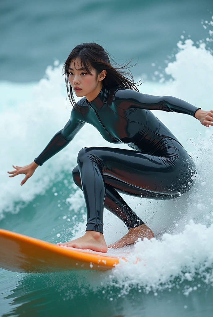 ultra-realistic, photorealistic, 20 years old Japanese famous idol girl, very beautiful Japanese but professional surfer, full-makeup, surfing on the huge wave at sea, dynamic surfing pose, masterpiece, (face focus:1.4), beautiful eyes, wearing a stylish wetsuits for surfing, long surf board, very large breasts