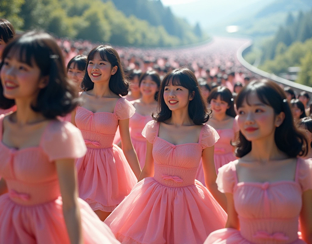 (Perfect Clone girls Raw Photography Art), (16K, Highest quality, Ultra-high resolution, Unrealistic, Unparalleled scale, A world of cloned girls multiplying, Real), (Japanese Girls, 26-year-old), (((((Small face, (((((Thick black hair, Semi-long hair)))))))))), ((Very beautiful detailed girls, Accurate body structure, Very detailed body, (((((Big Breasts, J-Cup))))), ((Emphasis on the fullness of a large chest)), (((Pink valley&Big Breasts強調ワンピース))), ((Dark Eyes, Baby Face, Cute Smile, A gentle gaze)), (((((Happy laughter))))), (((((Very detailed, 1girl-1,000,000cloning))))), (((100girls), (6+girls), multiple girls))), (((((Very detailed depiction of the other self, Perfectly the same girl, The exact same smile, Perfect same hair, Perfect same clothes, Exactly the same height, Perfect same J-cup))))), (((((clone girls only))))), ((10,000clone girls)), ((1,000,000clone girls)), ((1,000,000,000clone girls)), ((Descending a steep slope, Walking towards the front, Variation, Have fun and smile, Laughing, While talking, pass by)), ((1,000,000,000,000,000,000clone girls)), ((1,000,000,000,000,000,000,000,000,000clone girls)), ((The sight of the ultimate super-crowded, Abnormal extreme crowding, Countless clone girls packed together tightly)), (Soft Light, super wide view, (((((Extremely detailed and clear ultra-telephoto depiction)))))), (((Subject depth extremely shallow)))