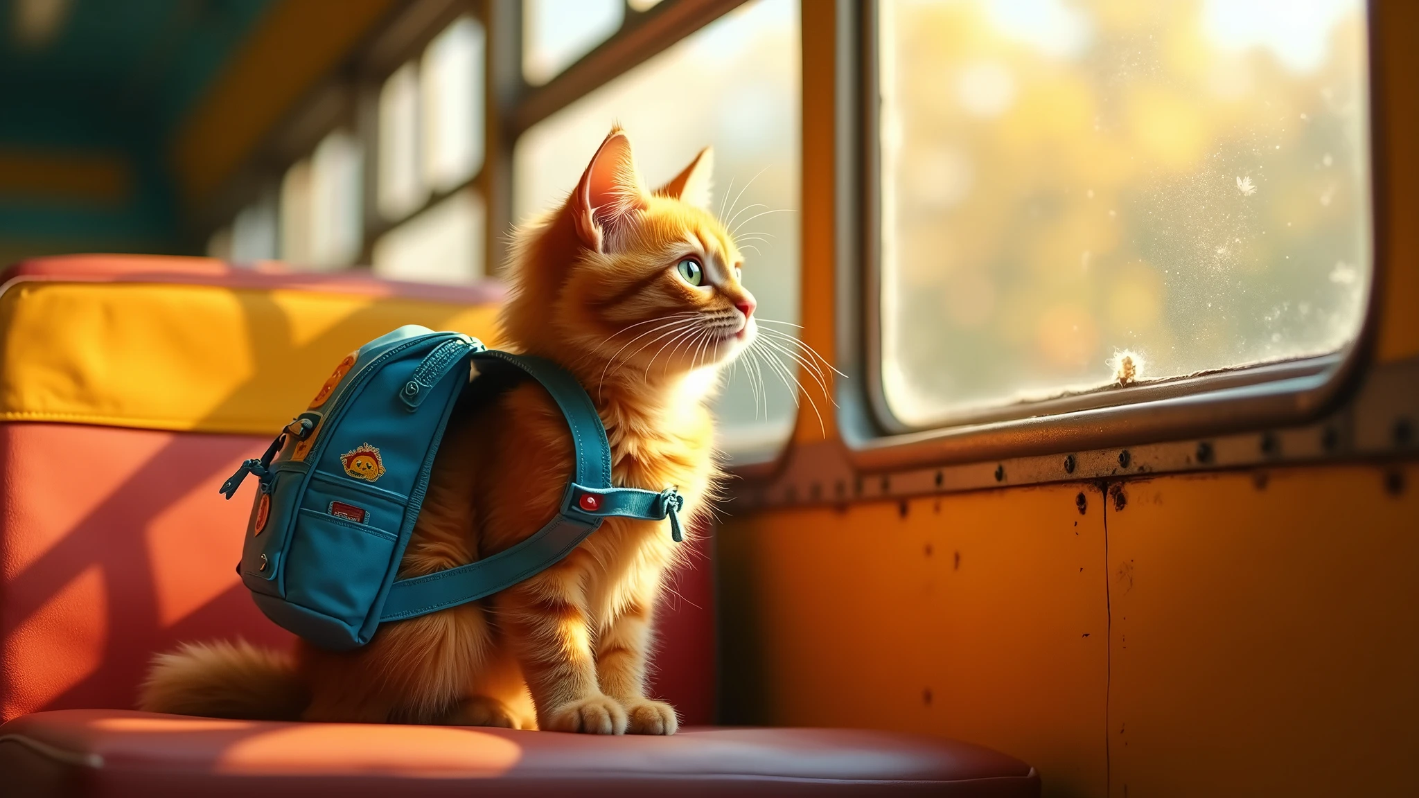 : A cat wearing a small backpack, sitting on a school bus seat, looking out the window as sunlight filters through. 8k