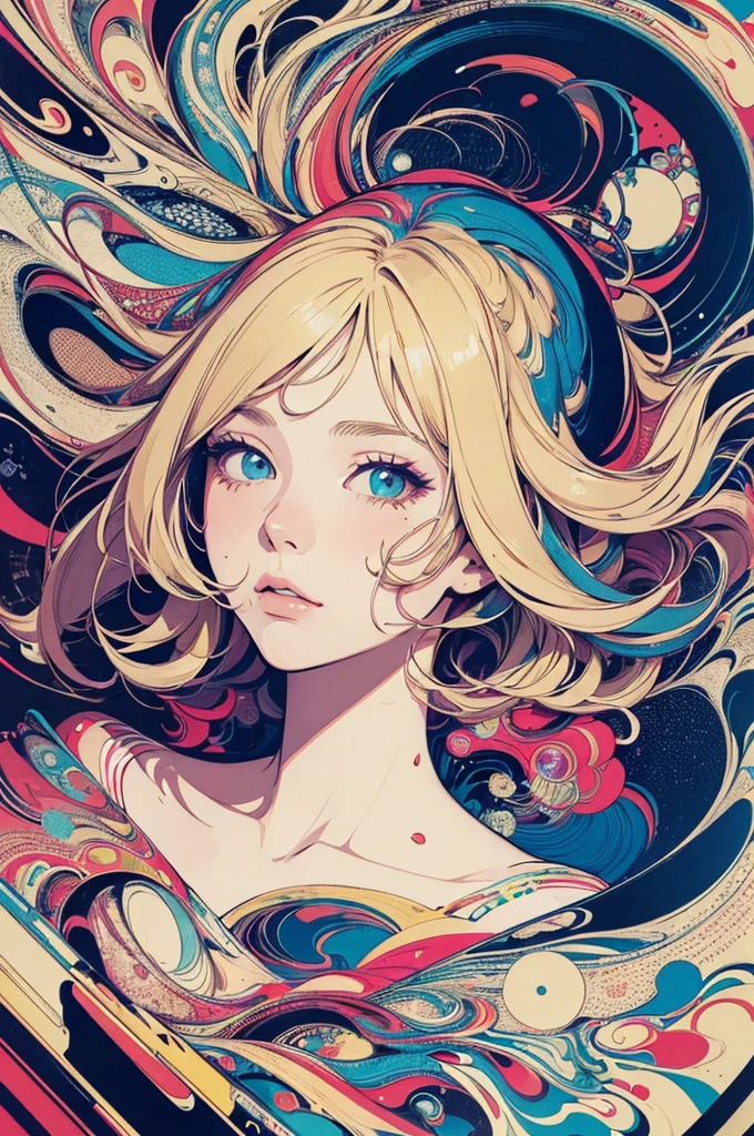 (masterpiece, best quality,ultra highres),flat color,(messy collage art),(british beauty, blonde,display, impact response, liquid),nostalgic melancholic artwork,lofi girl, inspired by Victo Ngai cmyk palette, contemporary artistic collage,