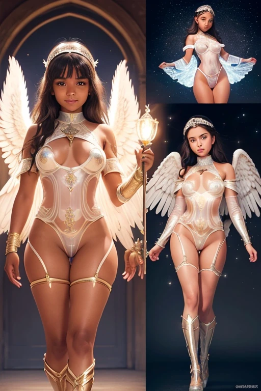 A young - yrative European girl with lovely charminvg face,( brown skin texture masterpiece), (smiling with exposed teeth)(perfect full body detailed anatomy), (Super accessories detailed), (meditating ), (perfect detailed glowing bright eyes),(short illuminating sapphire crystalized hair),((expose big hard erect nipples))(( exposed panty ))(legs wide open showing pussy line)(( Wearing transparent illuminating costume of an angel)),holding a treasure swords (( illuminating different lights covering the sorrounding atmosphere)) Has beautiful large white wings, The character solemnly praying, 7 different perspective view of that same girl & face profile sheet charter style