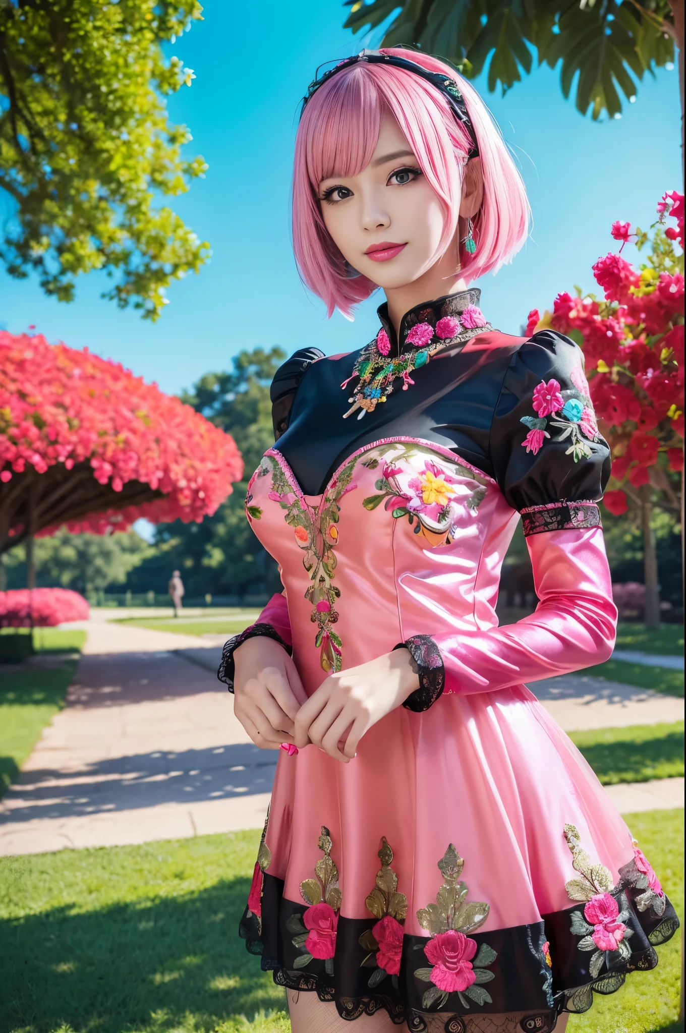 (masterpiece:1.4), (best quality:1.4), ultra high res, ultra high resolution, ((detailed facial features)), HDR, (realistic, photorealistic, photo-realistic:1.37), full body Esbian, sexy swedish model, (-anime), only 1 model, vivid colors, ((vivid colors colorful (pink, lime, light blue) very short hair)), sexy smile, lipgloss, long lashes, defined eyebrows, wearing large sparkling colorful jewelery, wearing a red silk Paradise Kiss cosplay dress with black floral embroidery, ((vivid colors outfit)), vivid colors, look at the camera, cinematic light, large park background with trees, sweet and sexy pose