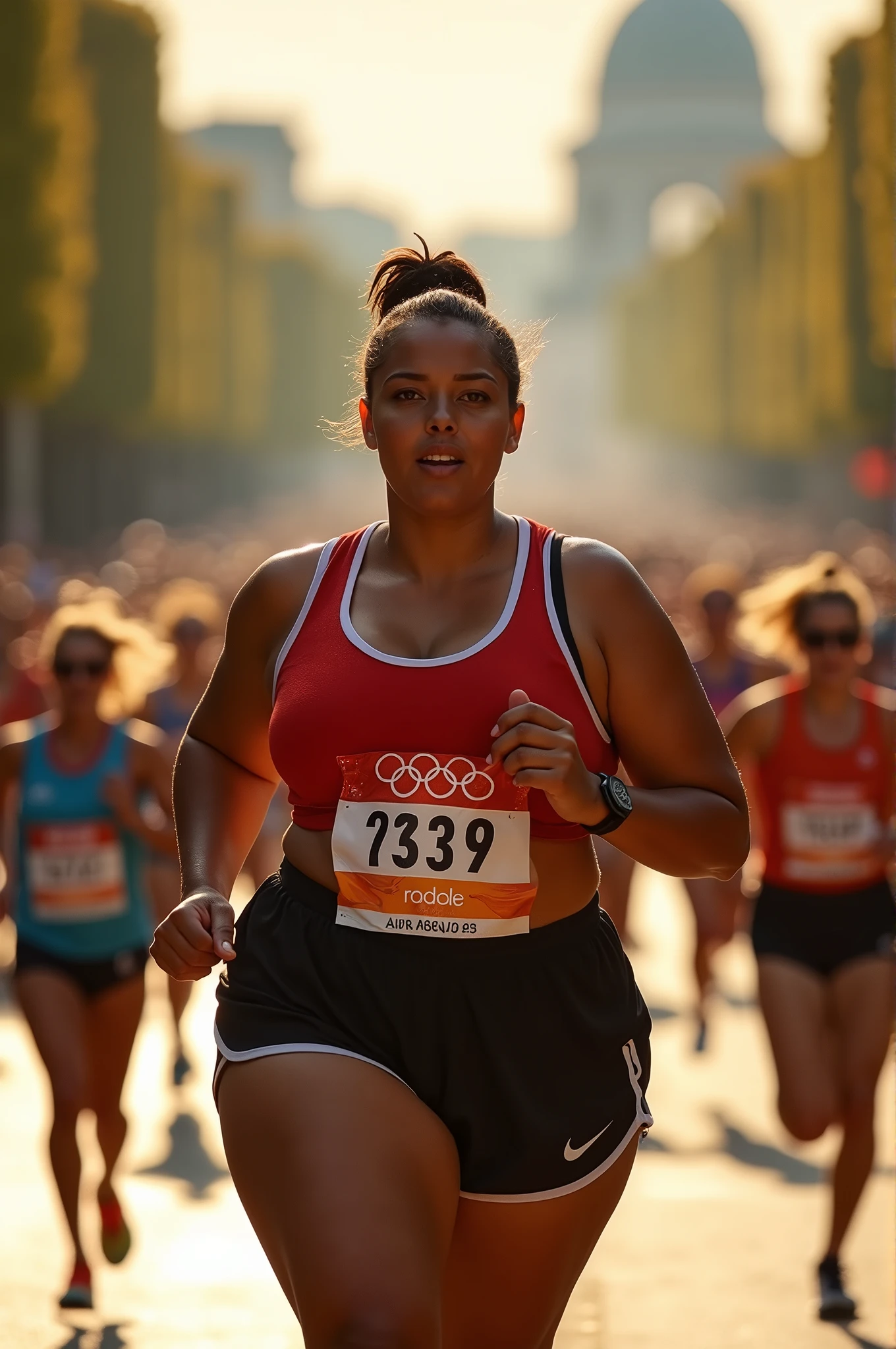 fat Olympic athlete,drone photography,professional camera angle,Olympic athlete,sweaty skin,fat females Olympic marathon race,with a large breasts, big breasts!, thicc,alluring plus sized model, fat voluptuous body,fat women marathon race on Champs Elysées paris city