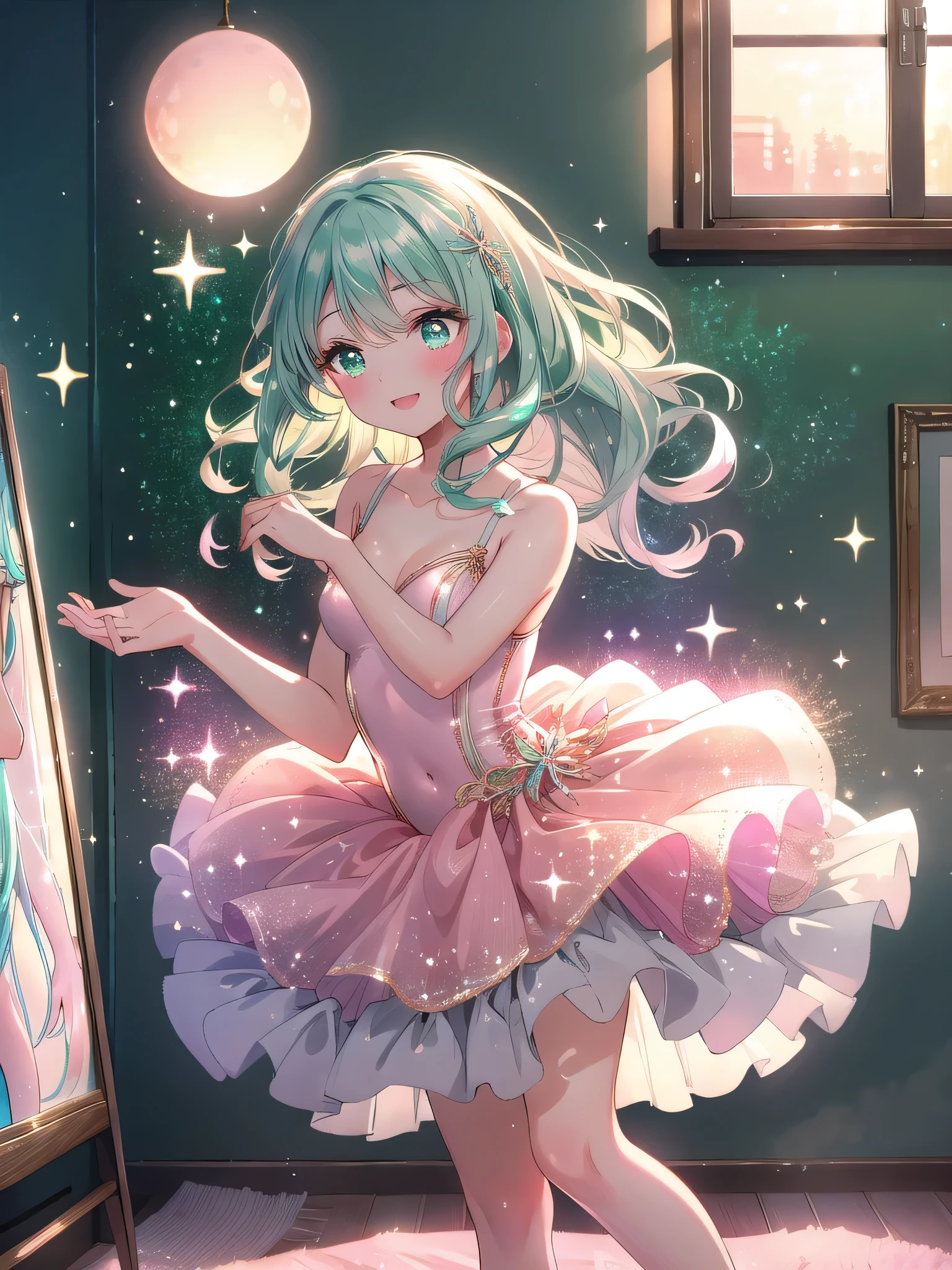 ((8k, Highest quality, masterpiece: 1.3)),Ultra-high resolution,(1 girl, alone), (Color changing eyes, Ultra-detailed, Expressive brilliance, Glitter, Glowing Eyes), Highly detailed eyes, Highly detailed face, Random Hair, ((pastel colour)),A lively young woman with pastel mint-green hair styled into loose waves, standing near her vanity in her softly lit bedroom during a late afternoon. She is dressed in a modest yet subtly sexy ballerina cosplay, wearing a light pink tutu, a fitted leotard, and ballet slippers. The camera captures her from a frontal angle as she practices a graceful pose with a bright smile, her expression full of elegance and joy. The room is warmly lit by the setting sun, with a few ballet posters on the wall, a small music box playing softly, and a delicate, artistic atmosphere,(nsfw:1.2)


