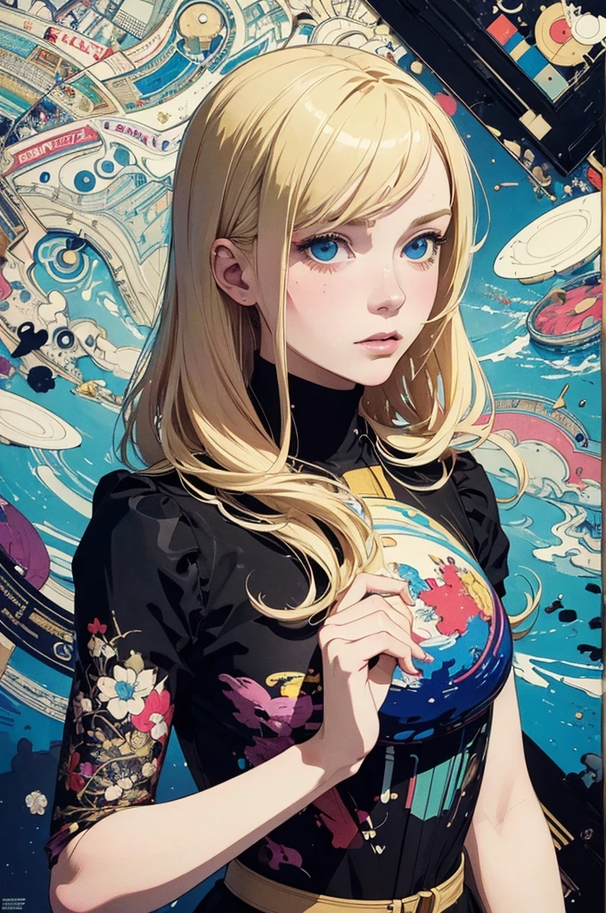 (masterpiece, best quality,ultra highres),flat color,(messy collage art),(british beauty, blonde,display, impact response, liquid),nostalgic melancholic artwork,lofi girl, inspired by Victo Ngai cmyk palette, contemporary artistic collage,