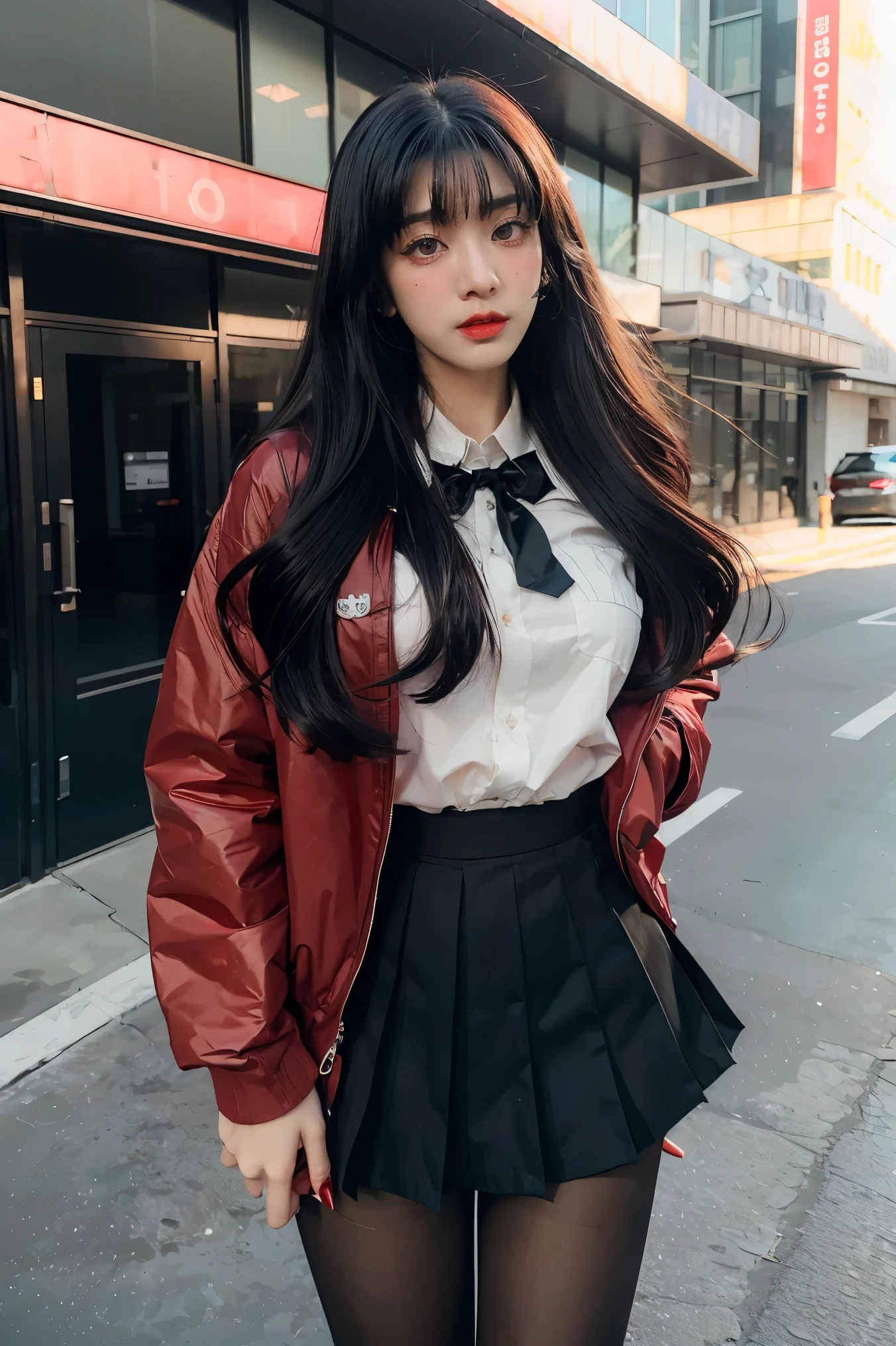 original photo:1.2),(realistic:1.4),beautiful detailed girl,very detailed eyes and face,beautiful detail eyes,ridiculous,incredibly ridiculous,super detailed,high resolution,very detailed,best quality,masterpiece,illustration,very detailed,CG,unified,8k wallpaper,amazing,fine detail,masterpiece,best quality, perfectlighting,1 girl, (((kakegurui yumeko))),long hair, blunt bangs, red eyes, , red jacket, pantyhose, white shirt, black ribbon, pleated skirt, dynamic pose