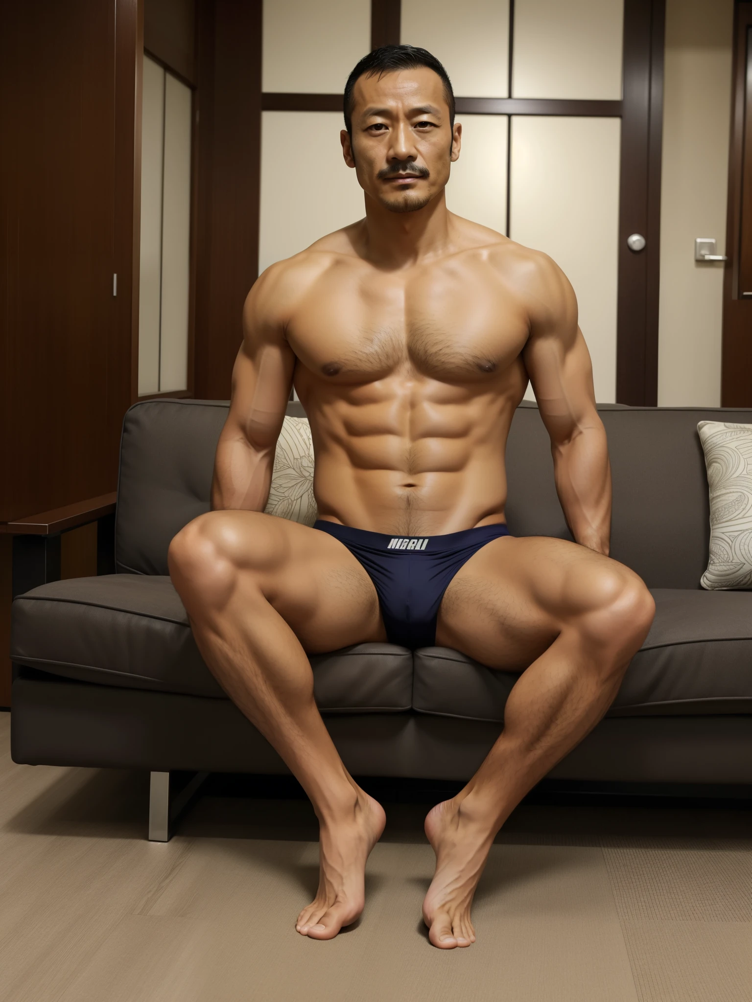 40 years old,Hidetoshi Nakata,(Kogoro Mori 1.3),whole body,Lean,muscle,office,black,foot,Suit,foot抬起,sofa,Baldhead ,transparent,Thick body hair,underwear,Topless,Densely hairy,Fortitude,HD,With a mustache