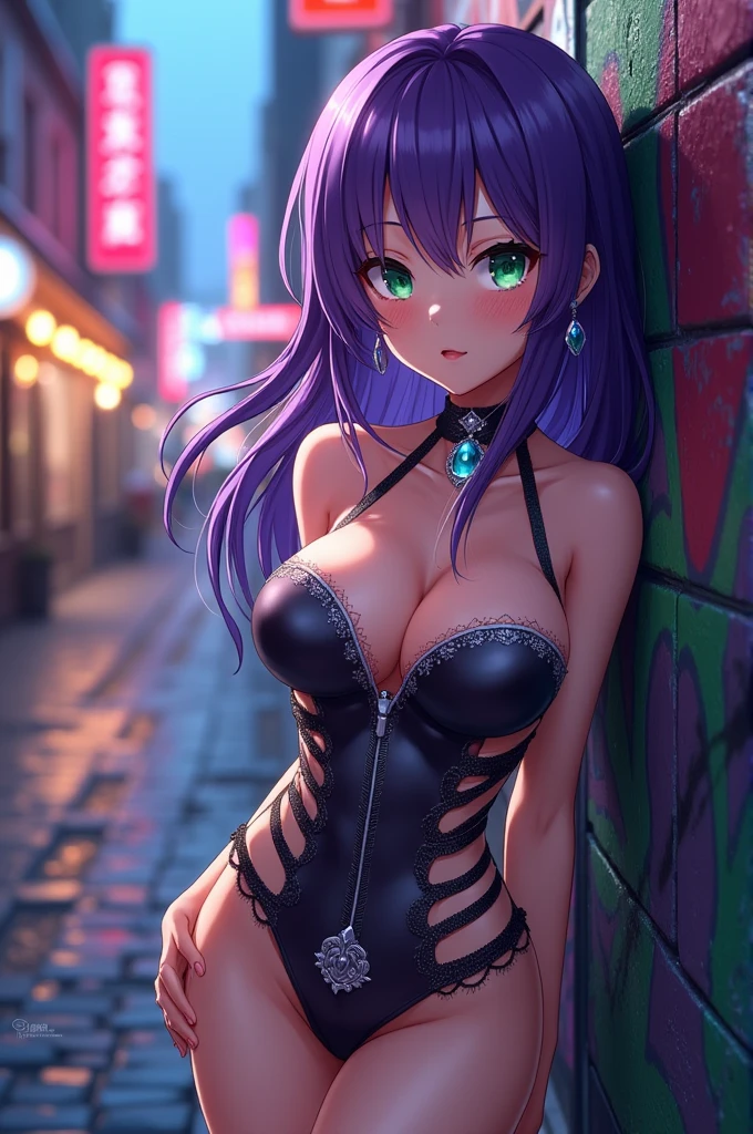 1 girl, anime style, dark skin, black woman, beautiful, 18 years, make-up, passionate look, naughty smile, waifu, close-up picture, zoom, portrait, colorful punk style, punk outfit, stylist, purple leather jacket, fishnet tank top, black jeans shorts, cleavage, fishnet pantyhose, fishnet leggings, leather gloves, sexy pose, kneeling, posing for a picture, posing in a dark alley, colorful graffiti on the walls, colorful walls, soft lighting, nighttime, midnight, ray tracing, award winning, photorealistic, 8k