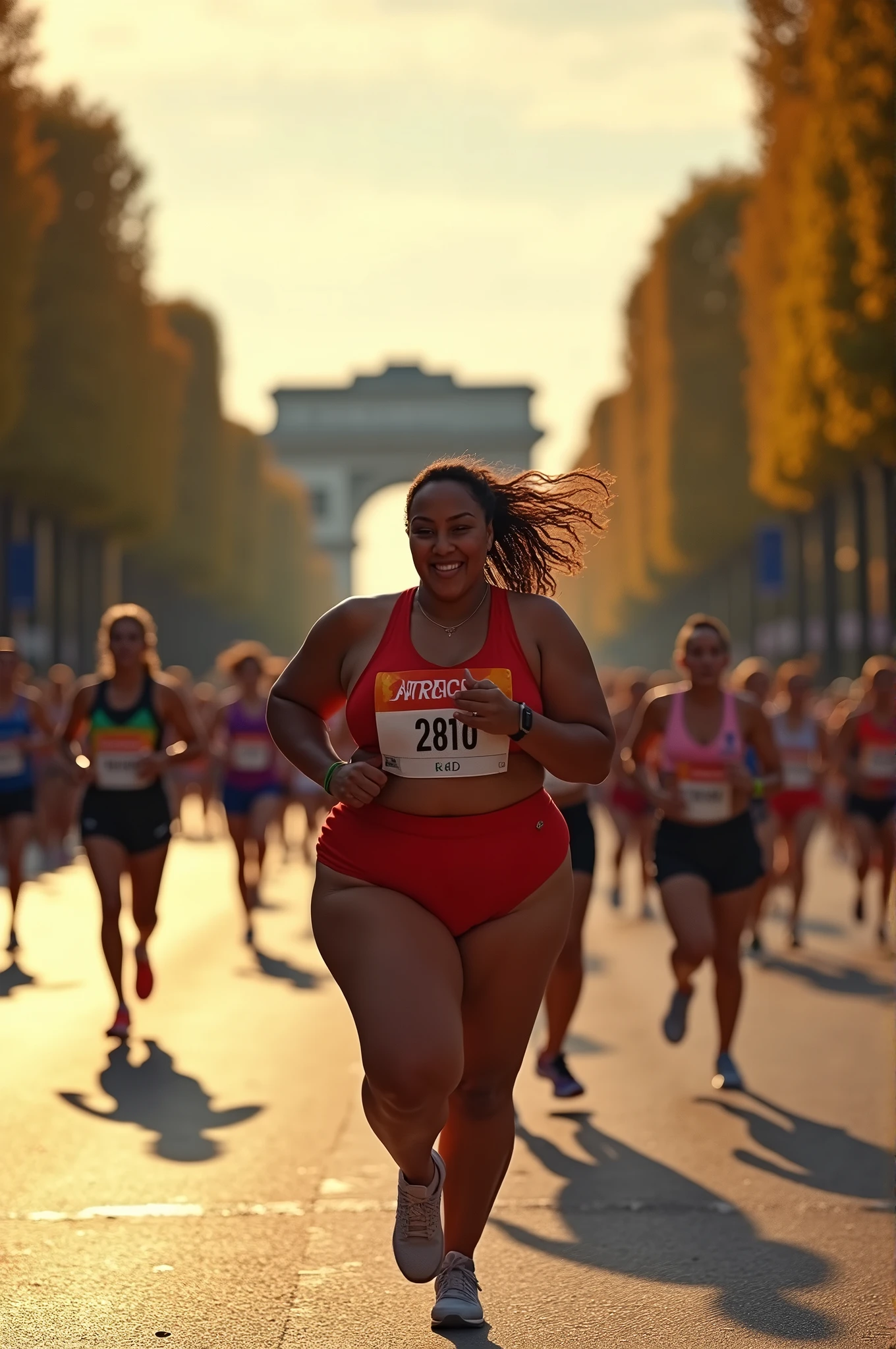 drone photography,professional camera angle,fat Olympic athlete,fat females Olympic marathon race,with a large breasts, big breasts!, thicc,alluring plus sized model, fat voluptuous body,fat women marathon race on Champs Elysées paris city