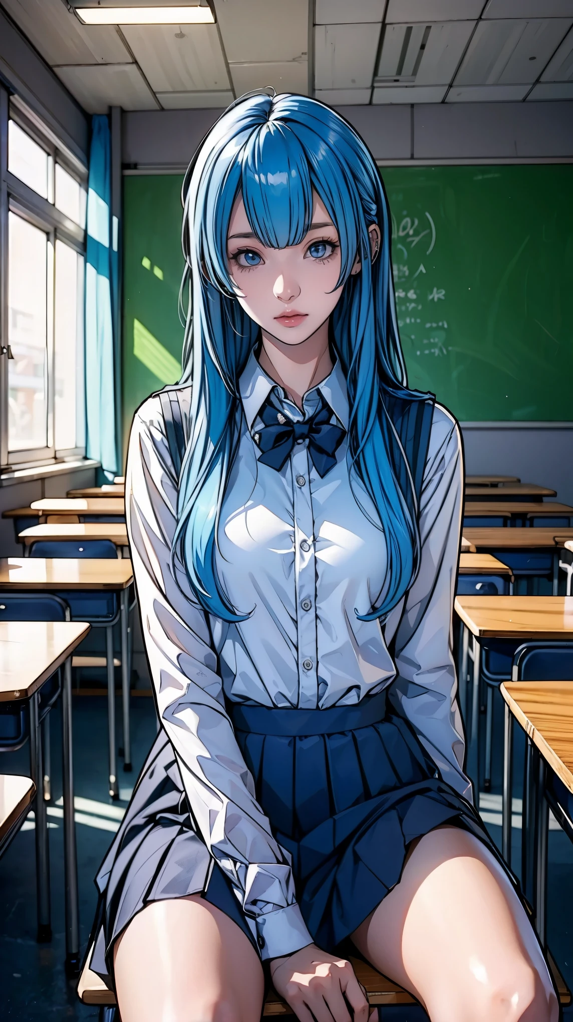 One person, Long light blue hair, dark blue, sit in classroom, Modern black school uniform, anime