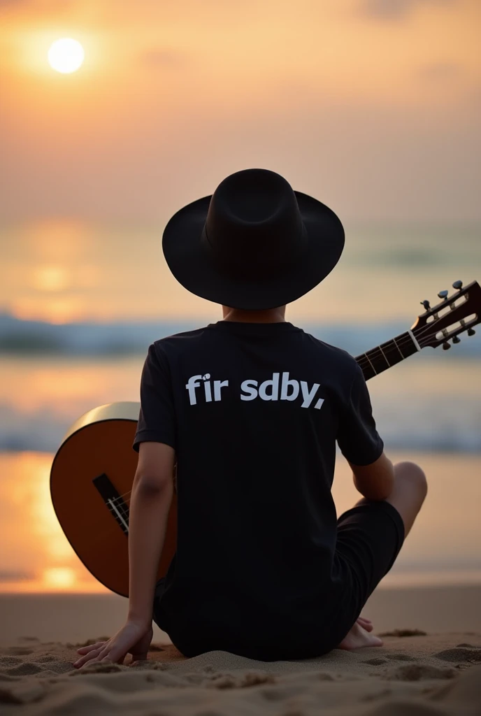 a 15 year old Indonesian man wearing a black hat, black shirt, black shorts sitting with his back to him holding a guitar on his thighs sitting on the sea sand with the words fir sdby written on the back of his shirt at dusk looks realistic