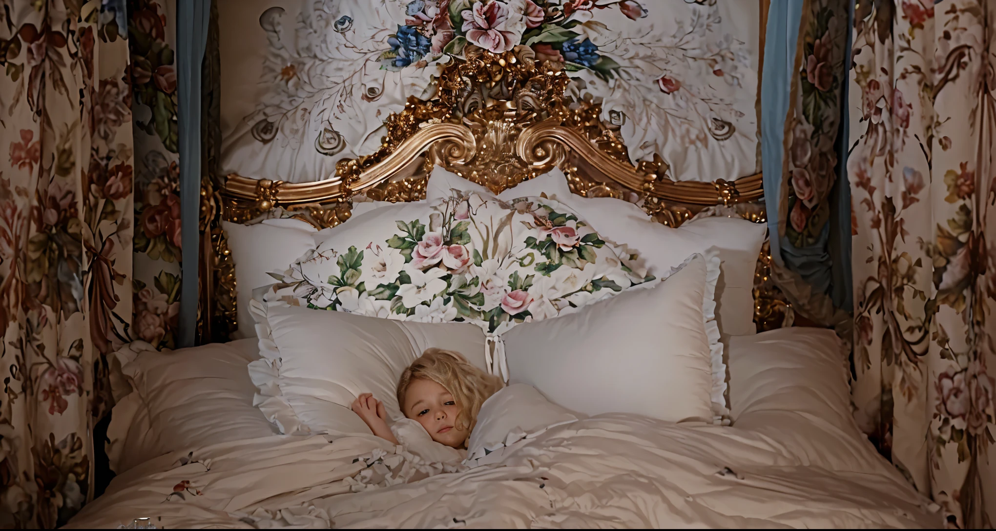 highest quality, masterpiece, highest resolution, artwork, super それにget used to it, many get used to it, get used to it, それにget used to it,change,,girl, (((()))),european,blonde,blue eyes,nightwear,((((white nightgown)))),((フリルとリボンの付いたwhite nightgown)),((1920 style nightgown)),((frill and ribbon nightcap)),victorian nightgown,Yoke collar with ruffles and ribbons,long sleeves with ruffles,Long skirt up to the ankles,(inside the palace),(in the bedroom at night),(Luxurious rococo canopy king size bed),on a huge and spacious bed,(the girl is lying on the bed),the girl is sleeping,Sleeping Princess,White frilly socks,Frilled pillow,Luxurious curtains with rich ruffles and ribbons surround the bed,lots of pillows piled up on the bed,(((Both legs are completely hidden inside the dress.))),((((round futon)))),((((A large ruffled futon that covers the entire bed)))),detailed comforter,Detailed bed sheets,bed skirt with ruffles,Deep bed,background with depth,