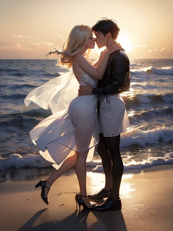 (realistic photo:1.37), Beautiful face profile, Summer sea evening sunset, Sunset overlap the person, The sunset is reflected on the sea surface, (Dazzling sunset:1.4, beautiful evening sunset:1.3), 2 womens on the beach, Two beautiful women are about to hug each other's waists and kiss, (Lens Ghosting:1.5, lens flare:1.2, Octagon-shaped lens ghost), Fiery Horizon, (String of saliva:1.2), sensual, (Silky platinum blonde Hair:1.2), (The other one woman ultra Shiny straight black hair:1.3), ((Natural backlighting:1.4)), detalhes faciais, ((one woman wears lace tiered mini skirt and sheer white Summer clothes)), ((The other woman wears a sheer tulle skirt and Sheer Summer Dresses)), (making a kissy face:1.2), ((full body view:1.2)), very beautiful face, A well-balanced face profile, blonde girl and Black Hair girl, erotic a look, Highly detailed face, Slightly slimmer body, Realistic Skin, 
BREAK. masterpiece, ultra high resolution, high definition RAW photograph, Highly detailed CG, best quality, 4K, perfect anatomy, perfect proportions, Romantic Landscape, Sparkling sea, Accurate limbs, Back blur, Hand details, finger details, Slightly large butt, erotic body