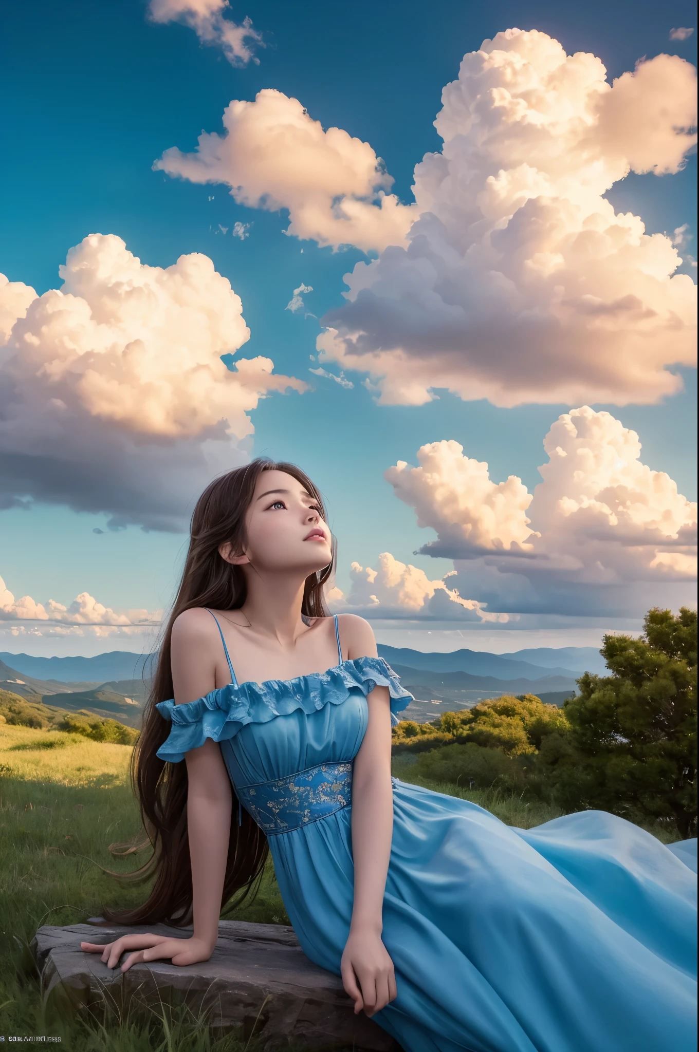 "The background is set in the evening."masterpiece, Highest quality, (Highly detailed CG synthesis 8k wallpaper) (Highest quality), (Best illustrations), (The best shade)、Very meticulous, blue sky、Various clouds、Amazingly beautiful, Summer Clouds、A girl on top of a small hill is looking up at the sky.
Create the full body.