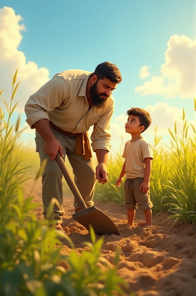 Ali, the older brother, working diligently in a sunlit field. Hasan, the younger brother, stands nearby, watching him with admiration and looking up to him as a role model.

