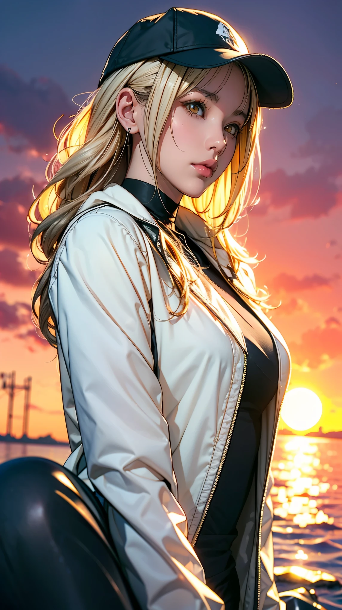 Medium Shot, Medium Shot, Depth of written boundary, bust, Upper Body, Movie angle, masterpiece, Highest quality, Very detailed, CG, 8k wallpaper, Pretty face, Delicate eyes, country々, alone, Long white hair, Yellow Eyes, hairpin, White shirt, black hooded jacket, Black baseball cap, Black Stockings, Black knee-high boots, sunset, 中世のport, port, Detailed water surface, Sun reflection