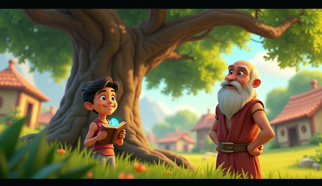 Pic in 3d animation style:मनीष waking up under the large tree in the village, the book and the gemstone still in his hands. The old man is standing nearby, watching him with a proud expression