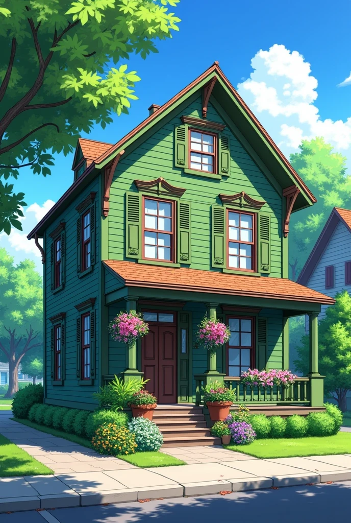 A large, two-story green house with a brown roof on a street, anime style