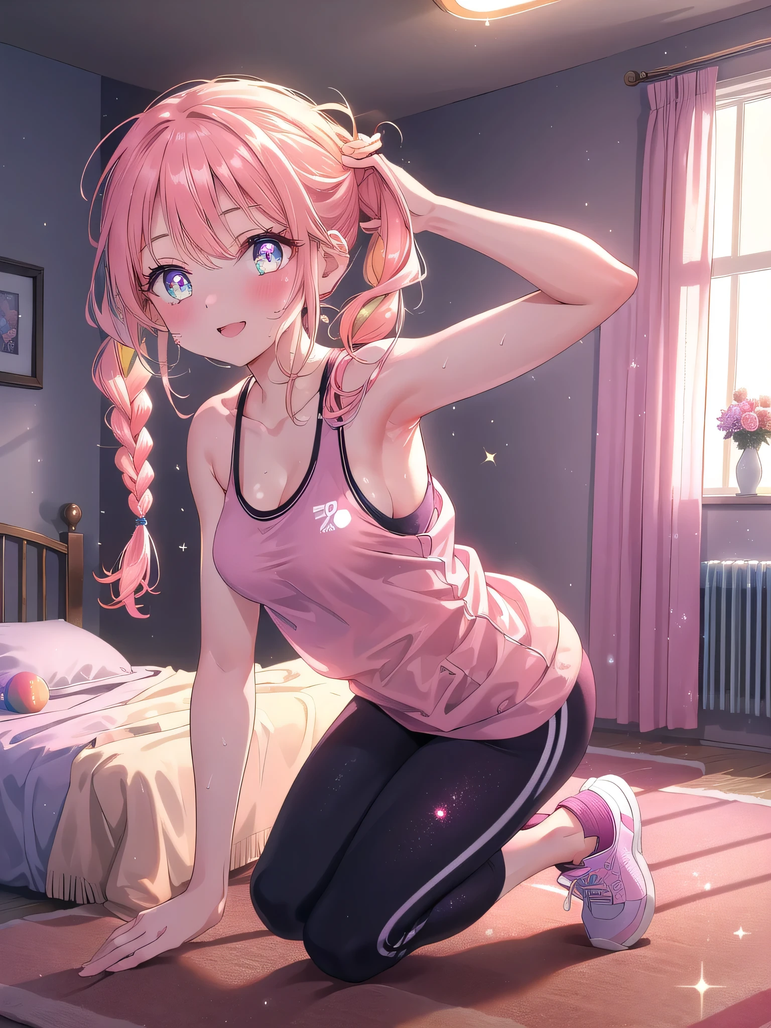 ((8k, Highest quality, masterpiece: 1.3)),Ultra-high resolution,(1 girl, alone), (Color changing eyes, Ultra-detailed, Expressive brilliance, Glitter, Glowing Eyes), Highly detailed eyes, Highly detailed face, Random Hair, ((pastel colour)),A lively young woman with pastel peach-colored hair styled into twin braids, standing by her bed in her softly lit bedroom during a late evening. She is dressed in a modest yet subtly sexy fitness instructor cosplay, wearing a fitted tank top, yoga pants, and a pair of sneakers. The camera captures her from a frontal angle as she stretches with a bright smile, her expression full of energy and motivation. The room is warmly lit by a bedside lamp, with a yoga mat on the floor, a few dumbbells on the side, and a healthy, active atmosphere,(nsfw:1.2)