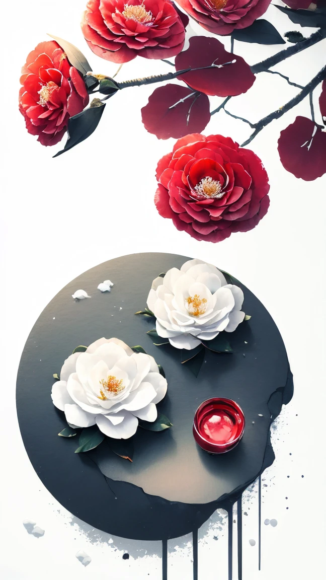 (White Background:1.3), scenery, Camellia flower in the snow, ice water, wood, ink
