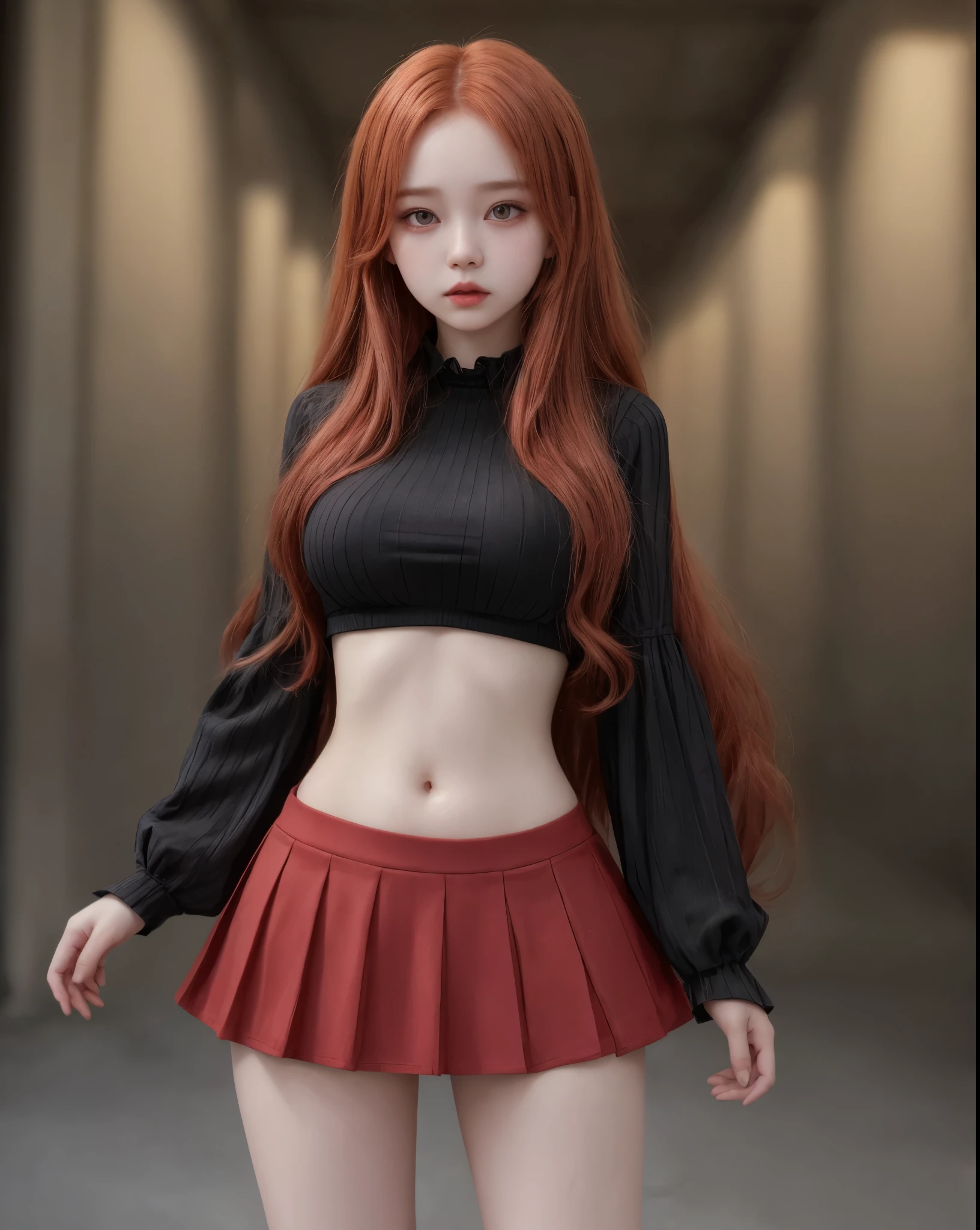 young girl, kim chaewon as a sexy young girl, full body view, fullbody, full body, kim chaewon is a girl, 1girl, fantasy gothic city background, kim chaewon, girl, small breast, figure, long red hair, red eyes, face front, tight fantasy crop top, short fantasy skirt, emotional face, make up, masterpiece, best quality,