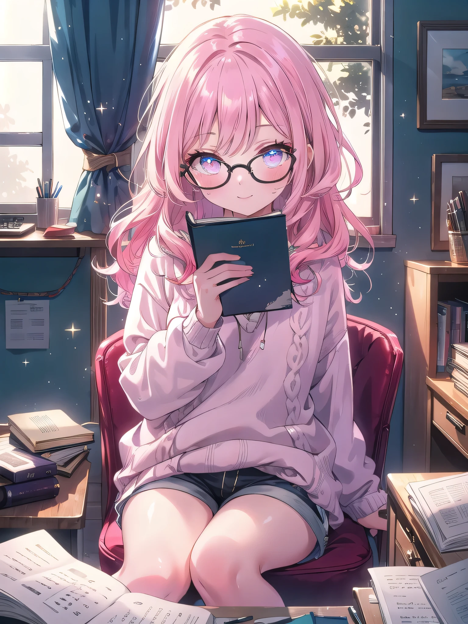 ((8k, Highest quality, masterpiece: 1.3)),Ultra-high resolution,(1 girl, alone), (Color changing eyes, Ultra-detailed, Expressive brilliance, Glitter, Glowing Eyes), Highly detailed eyes, Highly detailed face, Random Hair, ((pastel colour)),A cheerful young woman with pastel pink hair styled into loose waves, sitting at her desk in her sunlit bedroom during a bright morning. She is dressed in a cute yet subtly sexy writer cosplay, wearing an oversized sweater, a pair of knee-length shorts, and reading glasses perched on her nose. The camera captures her from a slightly elevated angle as she smiles warmly while typing on an old-fashioned typewriter, her expression full of creativity and focus. The room is filled with natural sunlight, with a few notebooks and pens scattered on the desk, a cozy blanket draped over the chair, and a warm, literary atmosphere,(nsfw:1.2)


