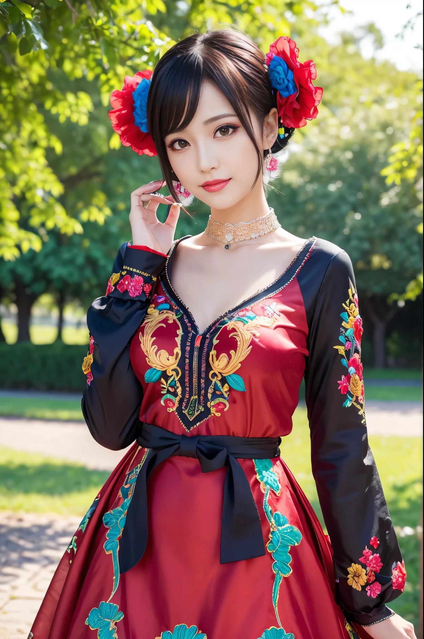 (masterpiece:1.4), (best quality:1.4), ultra high res, ultra high resolution, ((detailed facial features)), HDR, (realistic, photorealistic, photo-realistic:1.37), full body Esbian, sexy swedish model, (-anime), only 1 model, vivid colors, ((vivid colors multicolor very short hair)), sexy smile, lipgloss, long lashes, defined eyebrows, wearing large sparkling colorful jewelery, wearing a red silk Paradise Kiss cosplay dress with black floral embroidery, ((vivid colors outfit)), vivid colors, look at the camera, cinematic light, large park background with trees, sweet and sexy pose
