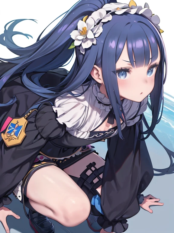 One Girl、mabel rayveil, long hair, bangs, Blue eyes, hair ornament, blue hair, flower, hair flower, blunt bangs、long sleeves, jacket, shorts, puffy sleeves, short shorts, black shorts, juliet sleeves、Mabel Rayveil (Rebel Mabel) - Uncle from Another World (Uncle Isekai)