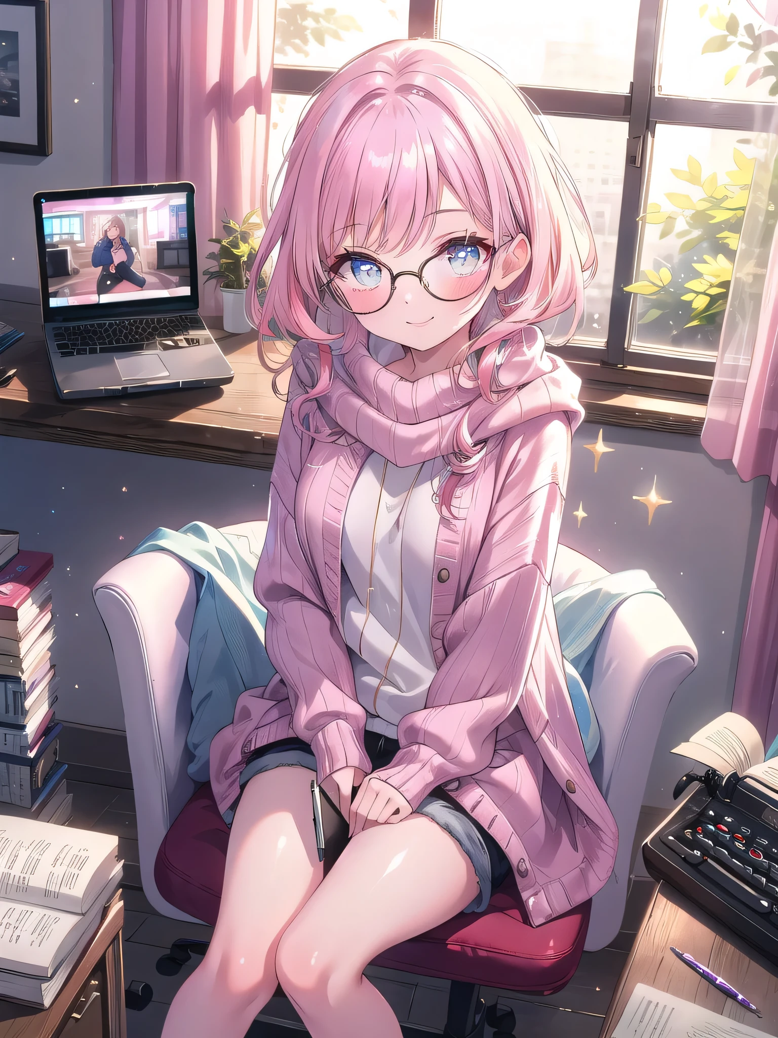 ((8k, Highest quality, masterpiece: 1.3)),Ultra-high resolution,(1 girl, alone), (Color changing eyes, Ultra-detailed, Expressive brilliance, Glitter, Glowing Eyes), Highly detailed eyes, Highly detailed face, Random Hair, ((pastel colour)),A cheerful young woman with pastel pink hair styled into loose waves, sitting at her desk in her sunlit bedroom during a bright morning. She is dressed in a cute yet subtly sexy writer cosplay, wearing an oversized sweater, a pair of knee-length shorts, and reading glasses perched on her nose. The camera captures her from a slightly elevated angle as she smiles warmly while typing on an old-fashioned typewriter, her expression full of creativity and focus. The room is filled with natural sunlight, with a few notebooks and pens scattered on the desk, a cozy blanket draped over the chair, and a warm, literary atmosphere,(nsfw:1.2)