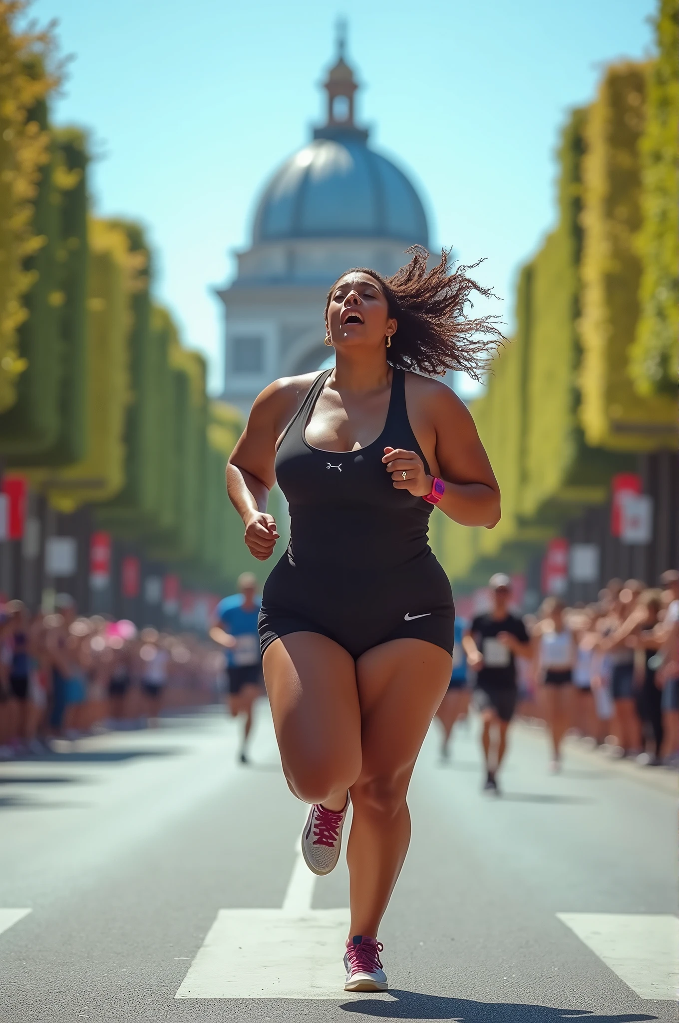 professional camera angle,Olympic athlete,fat females Olympic marathon race,with a large breasts, big breasts!, thicc,alluring plus sized model, fat voluptuous body,fat women marathon race on Champs Elysées paris city
