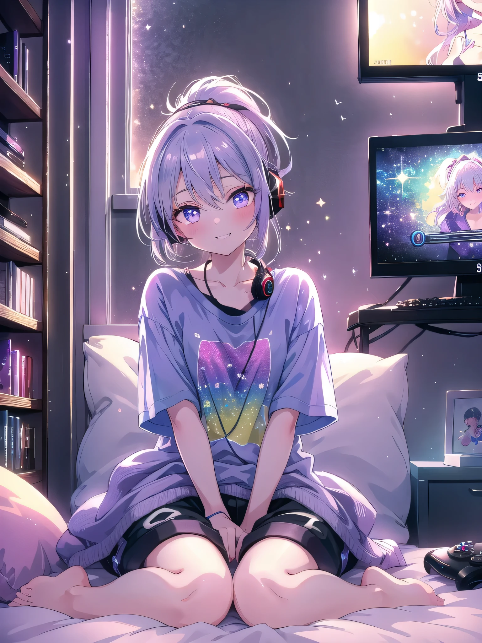 ((8k, Highest quality, masterpiece: 1.3)),Ultra-high resolution,(1 girl, alone), (Color changing eyes, Ultra-detailed, Expressive brilliance, Glitter, Glowing Eyes), Highly detailed eyes, Highly detailed face, Random Hair, ((pastel colour)),A joyful young woman with pastel lavender hair styled into a simple ponytail, sitting cross-legged on her bed in her softly lit bedroom during a quiet evening. She is dressed in a simple yet subtly sexy casual gamer cosplay, wearing a fitted graphic T-shirt, a pair of shorts, and gaming headphones around her neck. The camera captures her from a slightly low angle as she grins while holding a game controller, her expression full of excitement and focus. The room is dimly lit by the soft glow of a gaming monitor, with a few game posters on the wall, a small collection of games on a nearby shelf, and an energetic, immersive atmosphere,(nsfw:1.2)