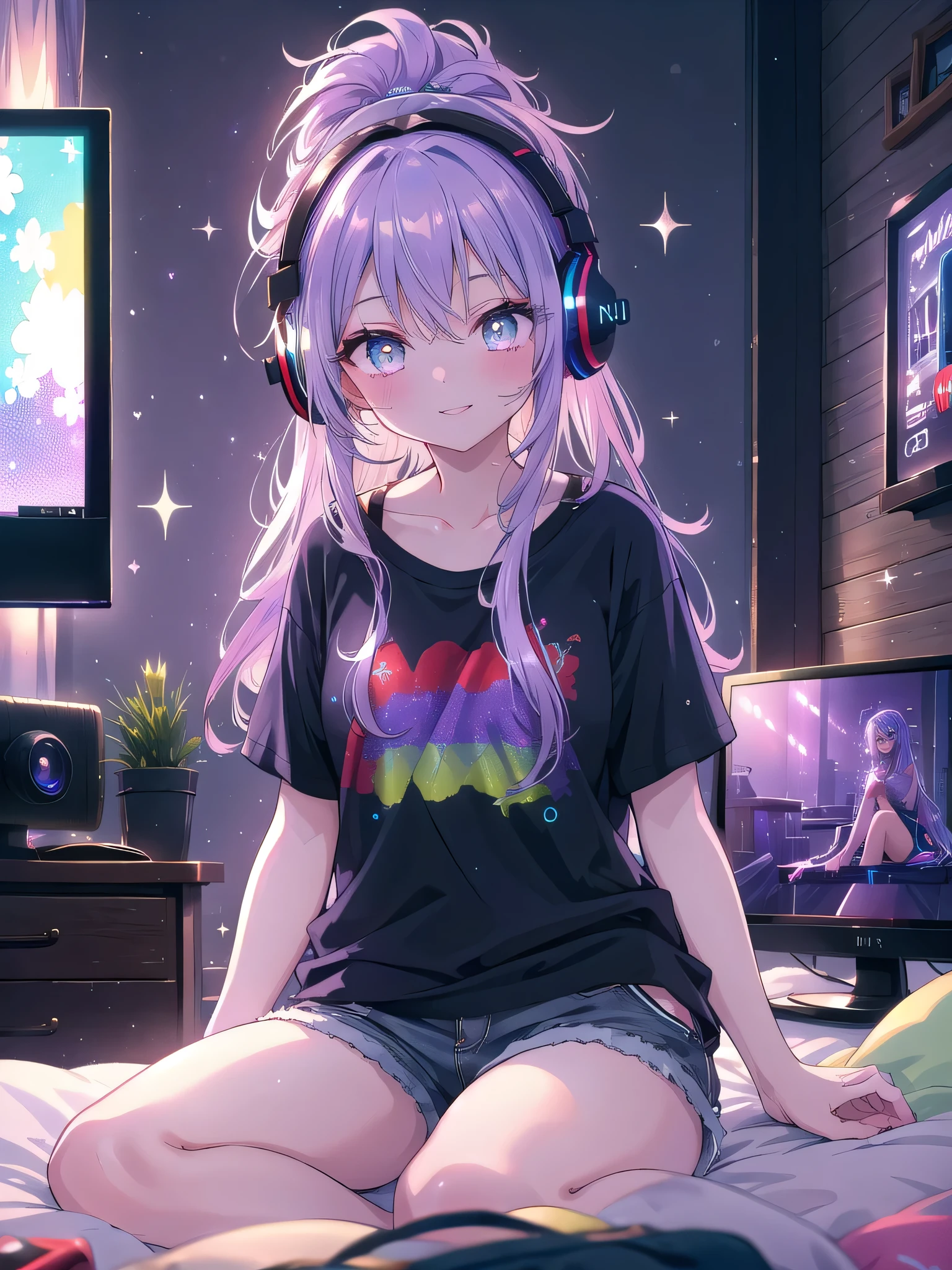 ((8k, Highest quality, masterpiece: 1.3)),Ultra-high resolution,(1 girl, alone), (Color changing eyes, Ultra-detailed, Expressive brilliance, Glitter, Glowing Eyes), Highly detailed eyes, Highly detailed face, Random Hair, ((pastel colour)),A joyful young woman with pastel lavender hair styled into a simple ponytail, sitting cross-legged on her bed in her softly lit bedroom during a quiet evening. She is dressed in a simple yet subtly sexy casual gamer cosplay, wearing a fitted graphic T-shirt, a pair of shorts, and gaming headphones around her neck. The camera captures her from a slightly low angle as she grins while holding a game controller, her expression full of excitement and focus. The room is dimly lit by the soft glow of a gaming monitor, with a few game posters on the wall, a small collection of games on a nearby shelf, and an energetic, immersive atmosphere,(nsfw:1.2)