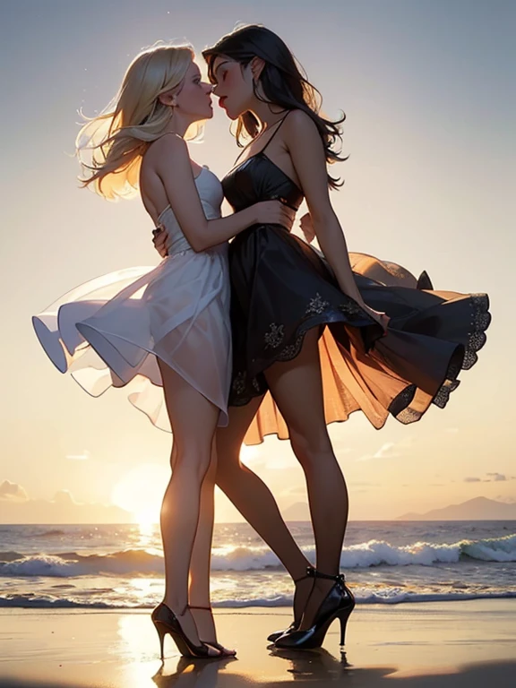 (realistic photo:1.37), Beautiful face profile, Summer sea evening sunset, Sunset overlap the person, The sunset is reflected on the sea surface, (Dazzling sunset:1.4, beautiful evening sunset:1.3), 2 womens on the beach, Two beautiful women are about to hug each other's waists and kiss, (Lens Ghosting:1.5, lens flare:1.2, Octagon-shaped lens ghost), Fiery Horizon, (String of saliva:1.2), sensual, (Silky platinum blonde Hair:1.2), (The other one woman ultra Shiny straight black hair:1.3), ((Natural backlighting:1.4)), detalhes faciais, ((one woman wears lace tiered mini skirt and sheer white Summer clothes)), ((The other woman wears a sheer tulle skirt and Sheer Summer Dresses)), (making a kissy face:1.2), ((full body view:1.2)), very beautiful face, A well-balanced face profile, blonde girl and Black Hair girl, erotic a look, Highly detailed face, Slightly slimmer body, Realistic Skin, 
BREAK. masterpiece, ultra high resolution, high definition RAW photograph, Highly detailed CG, best quality, 4K, perfect anatomy, perfect proportions, Romantic Landscape, Sparkling sea, Accurate limbs, Back blur, Hand details, finger details, Slightly large butt, erotic body