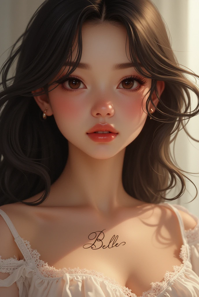 Portrait of a brunette girl with delicate features,. A tattoo on the décolletage area "Belle" dark flowing hair, Plump lips, Brown eyes