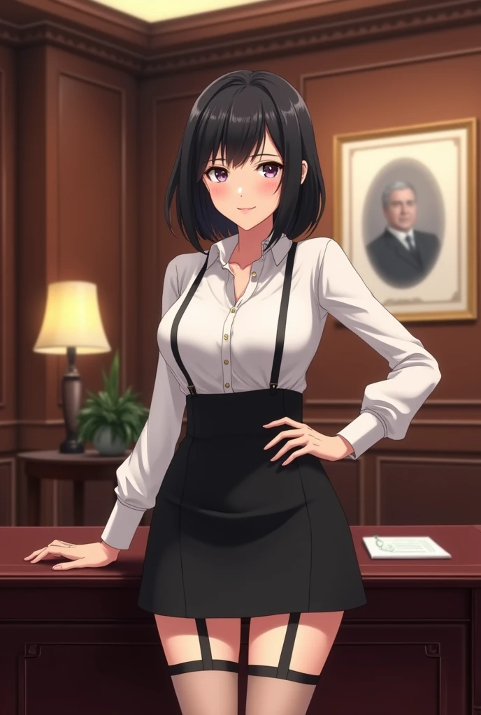 anime beauty secretary Japanese Black-haired berry short Slitted, alluring eyes A beautiful, straight nose bridge Thick, full lips F Cup Narrow waist A white blouse that reveals the valley of her chest Mini skirt 15cm above the knee Beautiful legs Garter Stockings High heels President's office