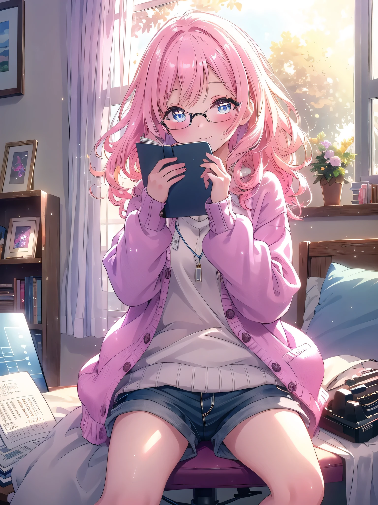 ((8k, Highest quality, masterpiece: 1.3)),Ultra-high resolution,(1 girl, alone), (Color changing eyes, Ultra-detailed, Expressive brilliance, Glitter, Glowing Eyes), Highly detailed eyes, Highly detailed face, Random Hair, ((pastel colour)),A cheerful young woman with pastel pink hair styled into loose waves, sitting at her desk in her sunlit bedroom during a bright morning. She is dressed in a cute yet subtly sexy writer cosplay, wearing an oversized sweater, a pair of knee-length shorts, and reading glasses perched on her nose. The camera captures her from a slightly elevated angle as she smiles warmly while typing on an old-fashioned typewriter, her expression full of creativity and focus. The room is filled with natural sunlight, with a few notebooks and pens scattered on the desk, a cozy blanket draped over the chair, and a warm, literary atmosphere,(nsfw:1.2)