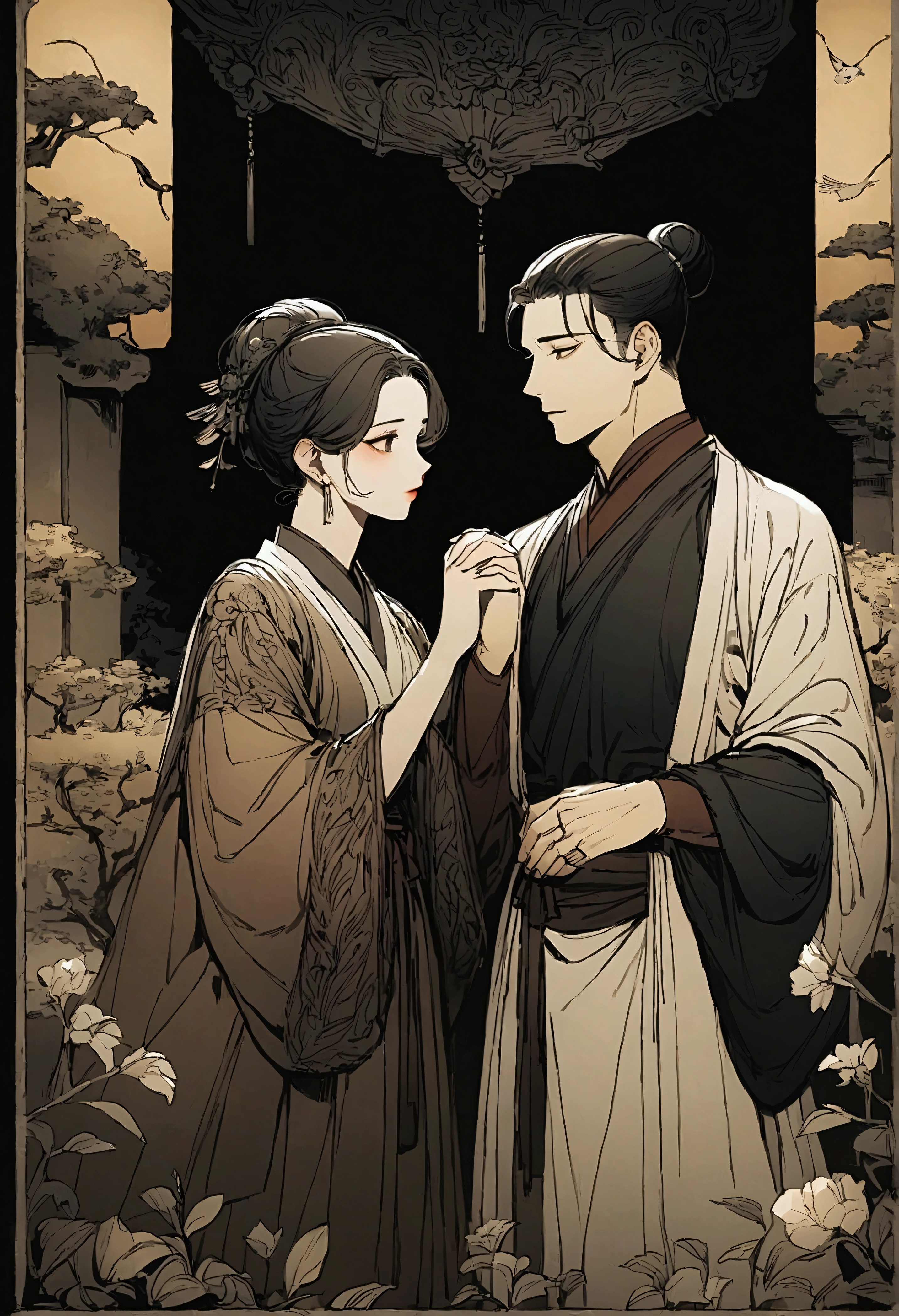 Korean man and woman, ancient style, in the nature. They hold each others hand but they are seperating. There is sadnees and darkness ambiance. Like book cover